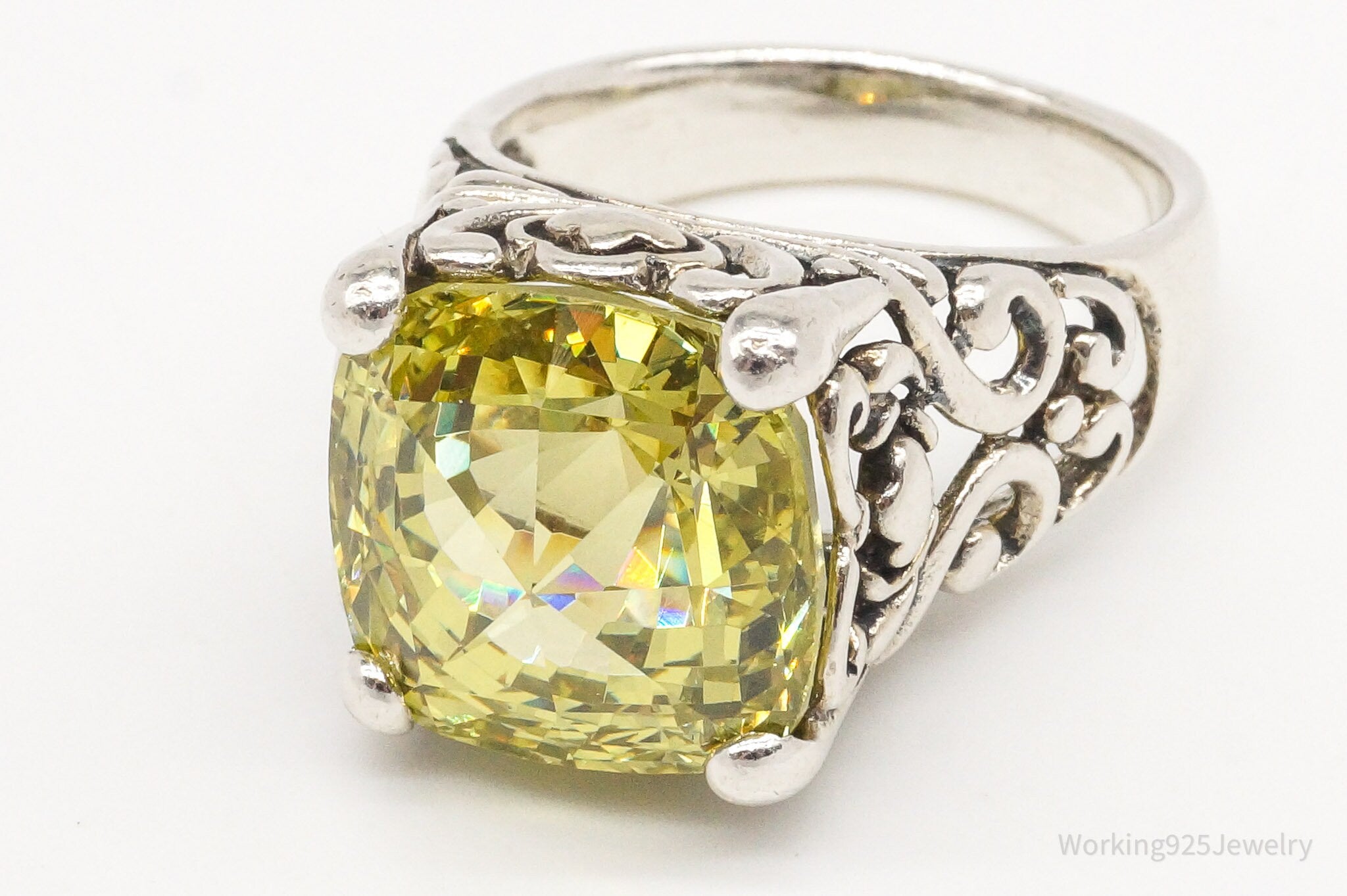 Vintage Large Yellow Cubic Zirconia Sterling Silver Ring - Size 8