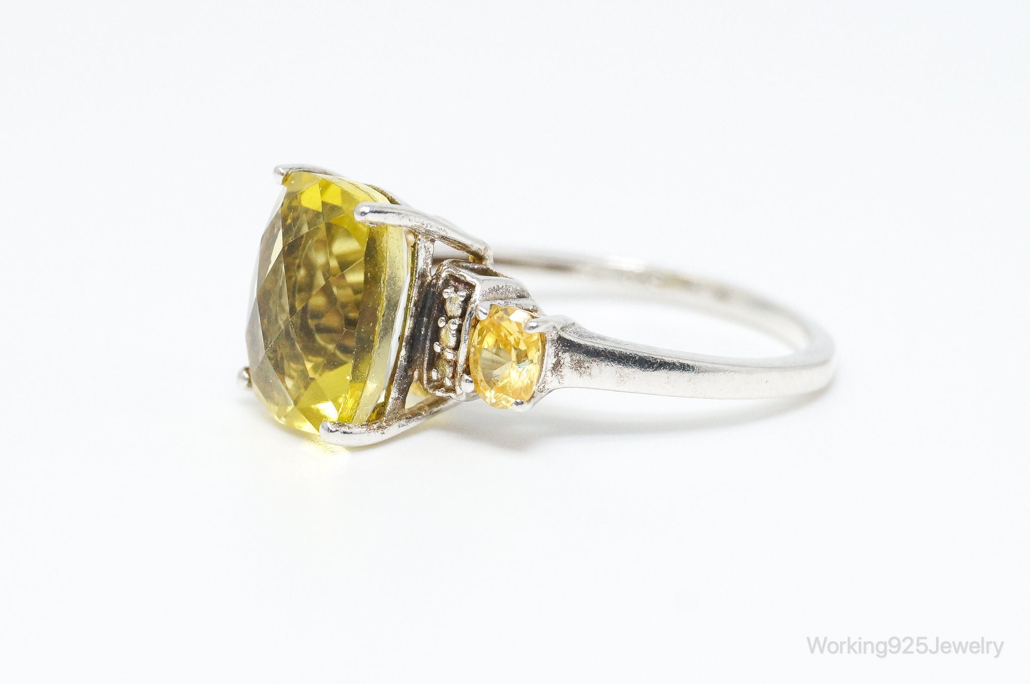 Vintage Lemon Quartz Yellow Cubic Zirconia Sterling Silver Ring - Size 7