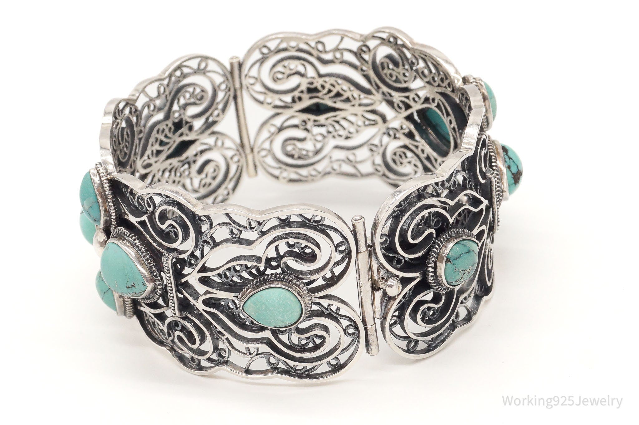 Vintage Chinese Designer BJ Turquoise Filigree Sterling Silver Cuff Bracelet