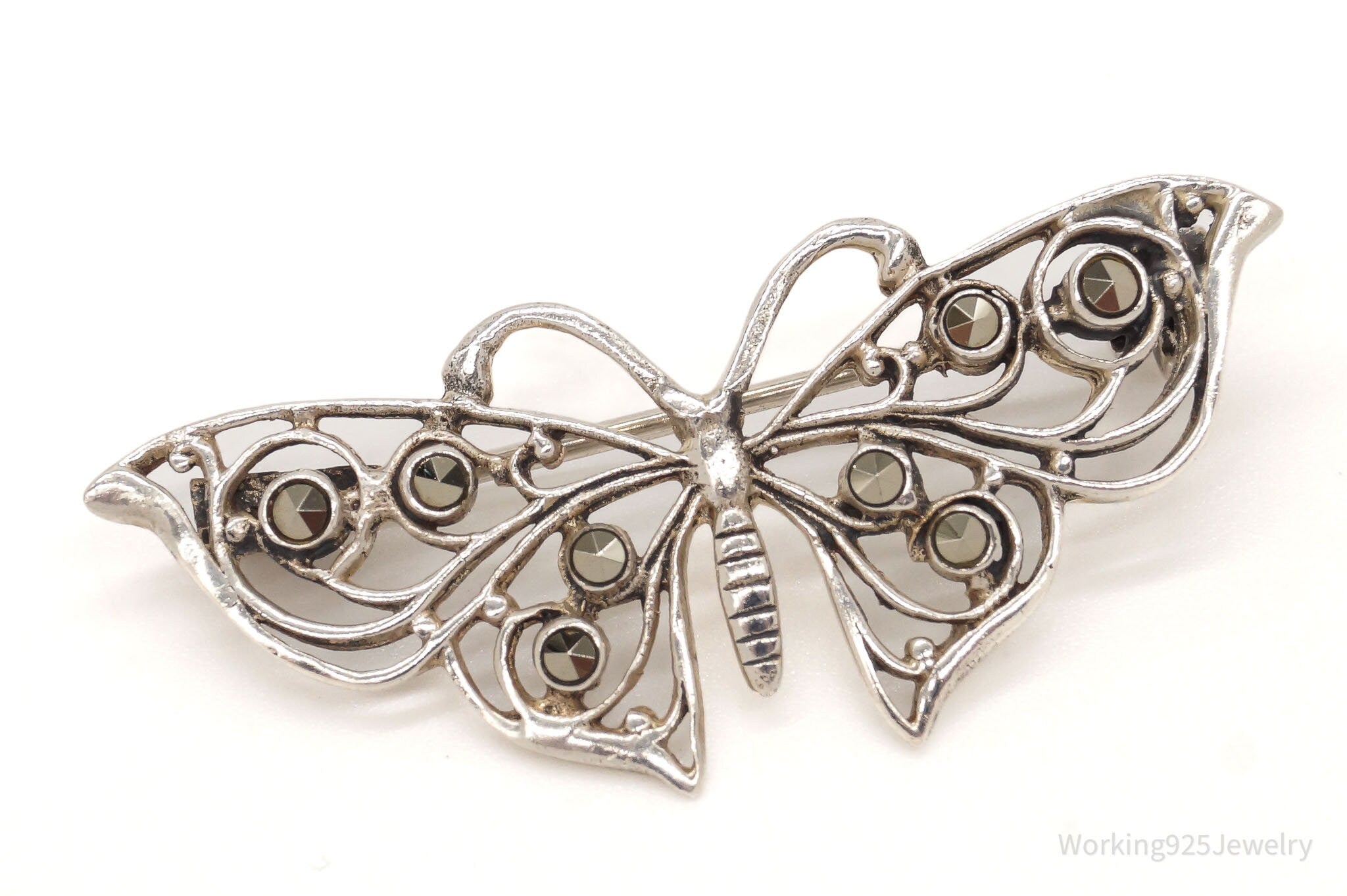 Vintage Marcasite Filigree Sterling Silver Butterfly Brooch Pin