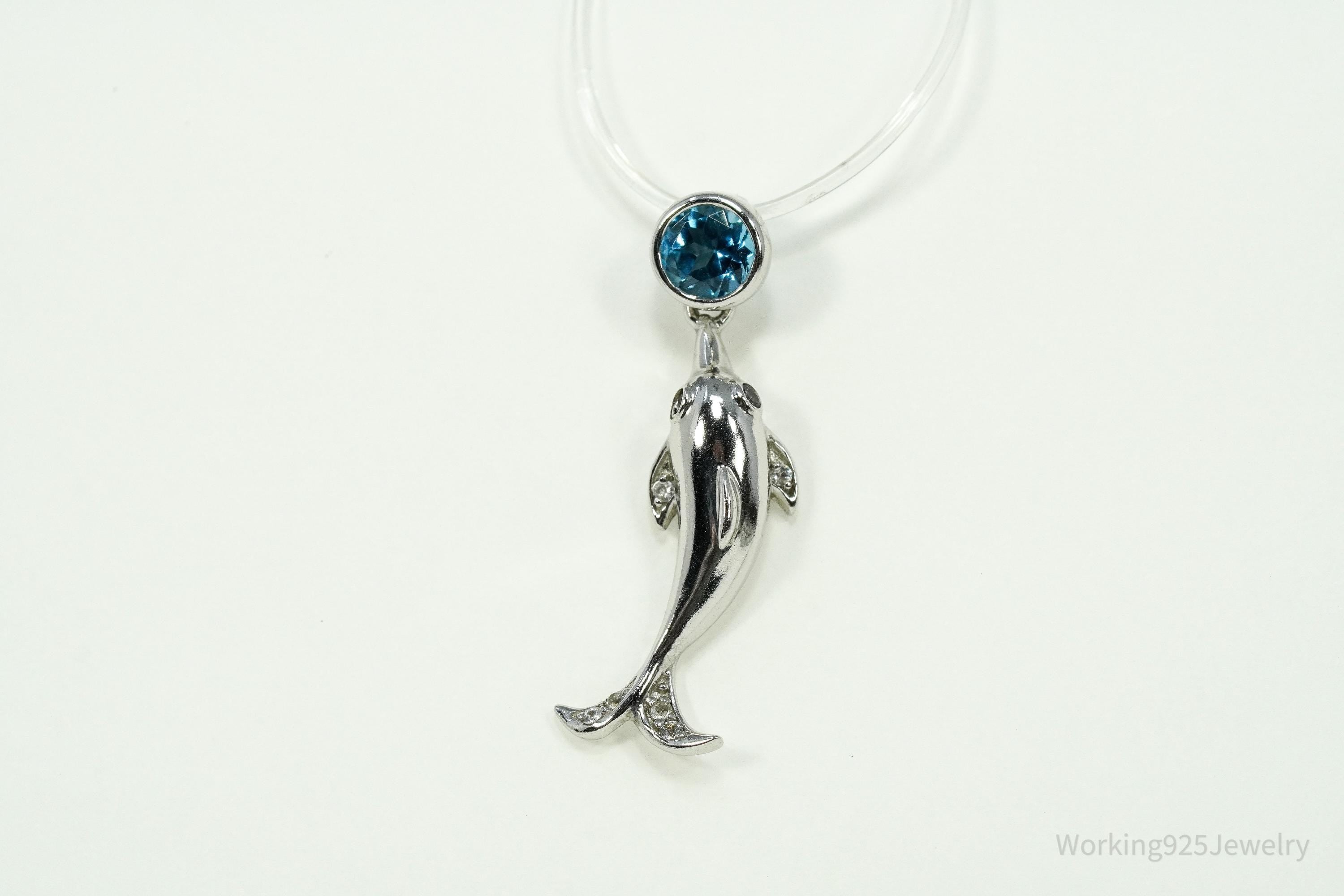 Vintage Blue Topaz Dolphin Sterling Silver Necklace Pendant 1 1/8"