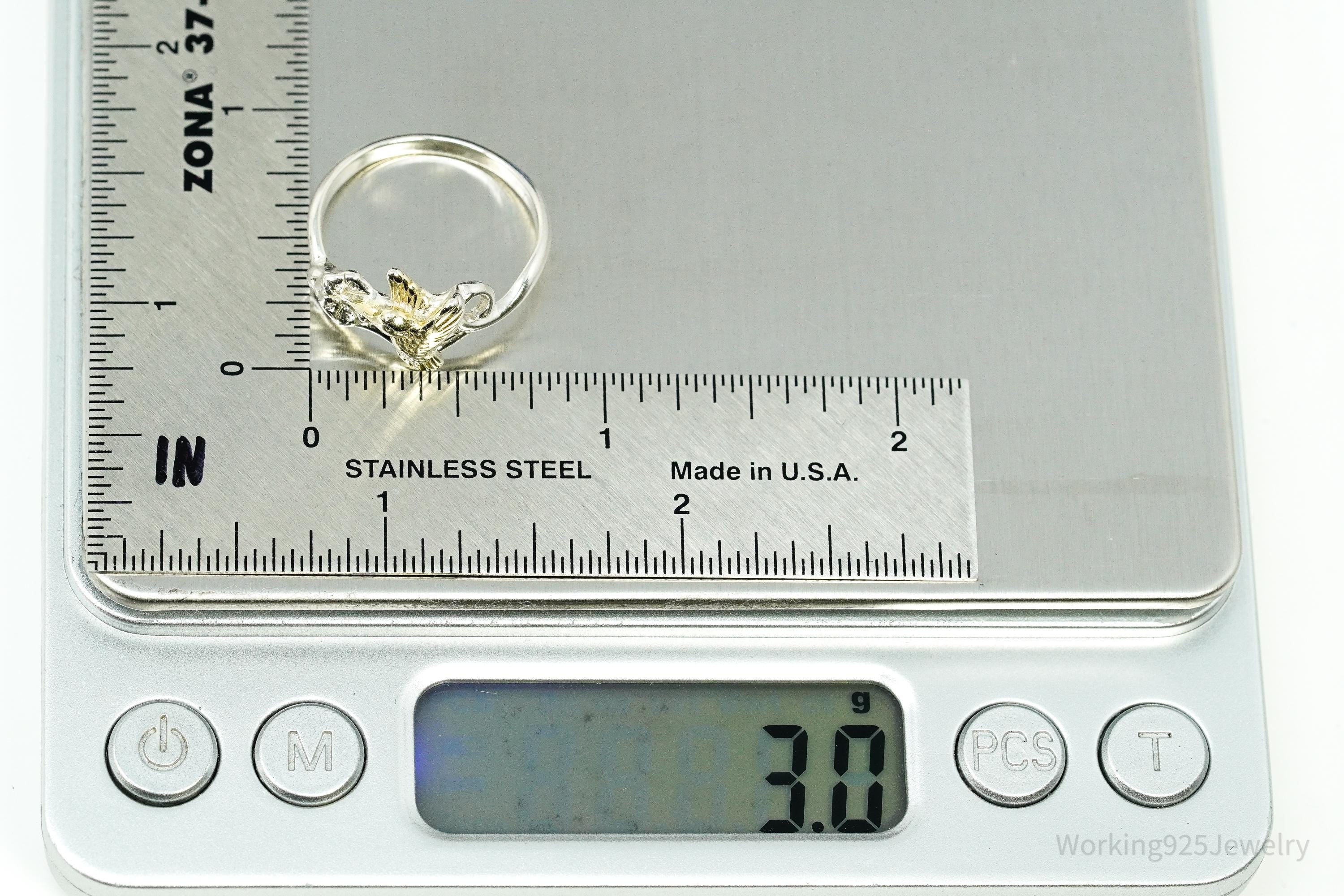 Vintage Gold Vermeil Sterling Silver Humming Bird & Flower Ring - Size 8.75