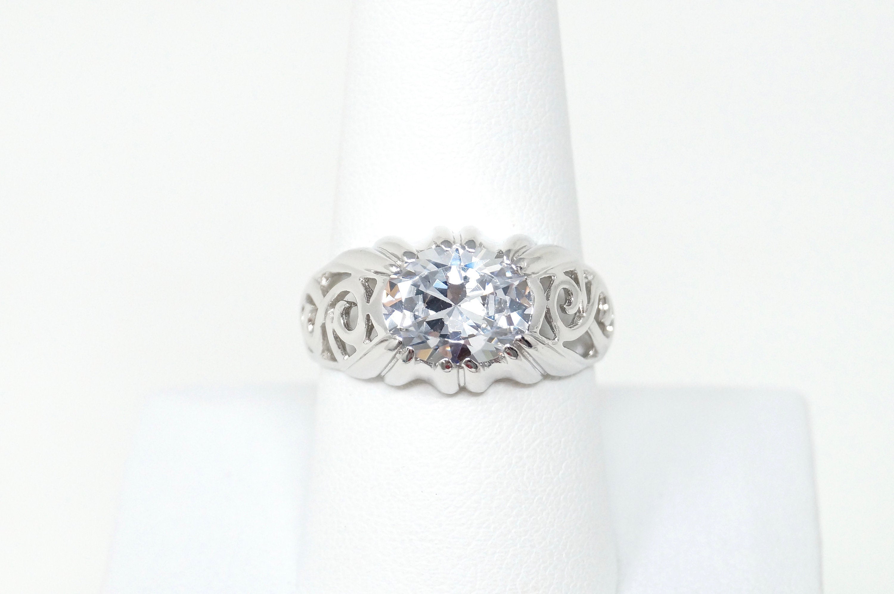 Vintage Scroll Swirl CZ Engagement Sterling Silver Statement Ring - Size 9