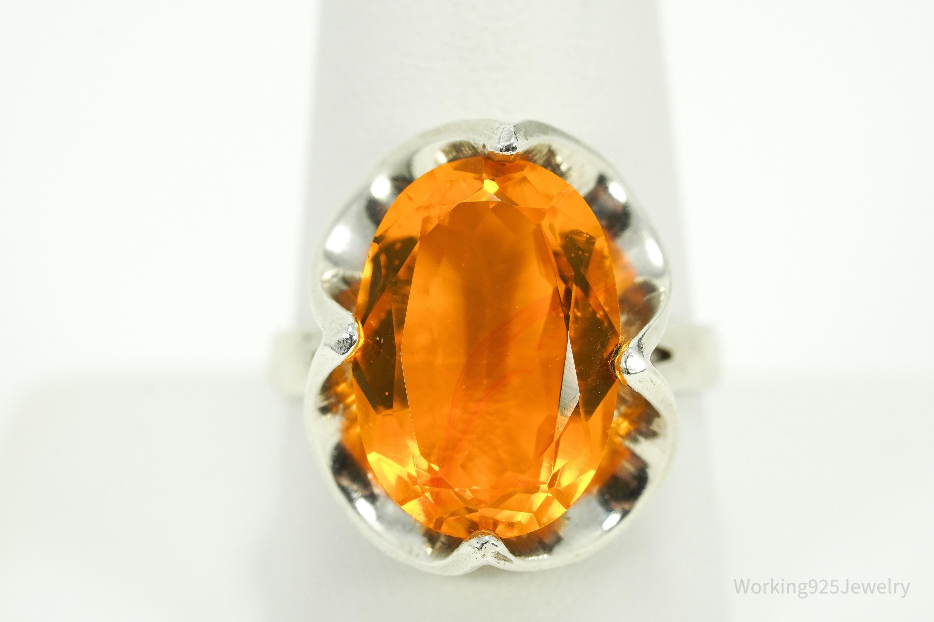 Vintage Mexico Modernist Fire Orange Paste Glass Stone Sterling Silver Ring - Size 10.25