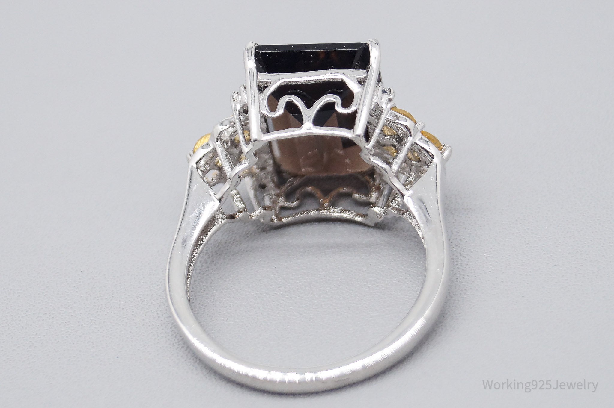 Vintage Large Smoky Topaz Citrine White Topaz Sterling Silver Ring - Size 8