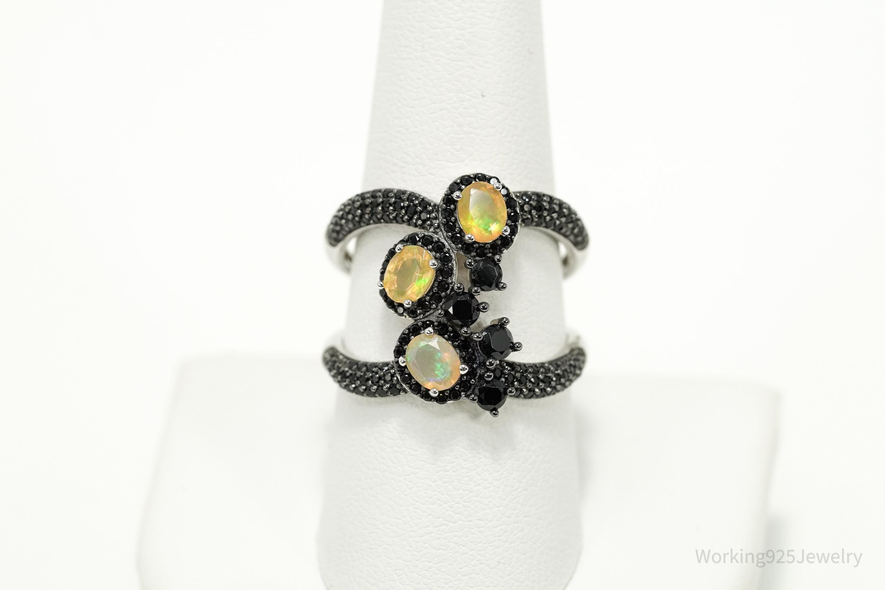 Vintage Opal & Black Spinel Sterling Silver Statement Ring – Size 9