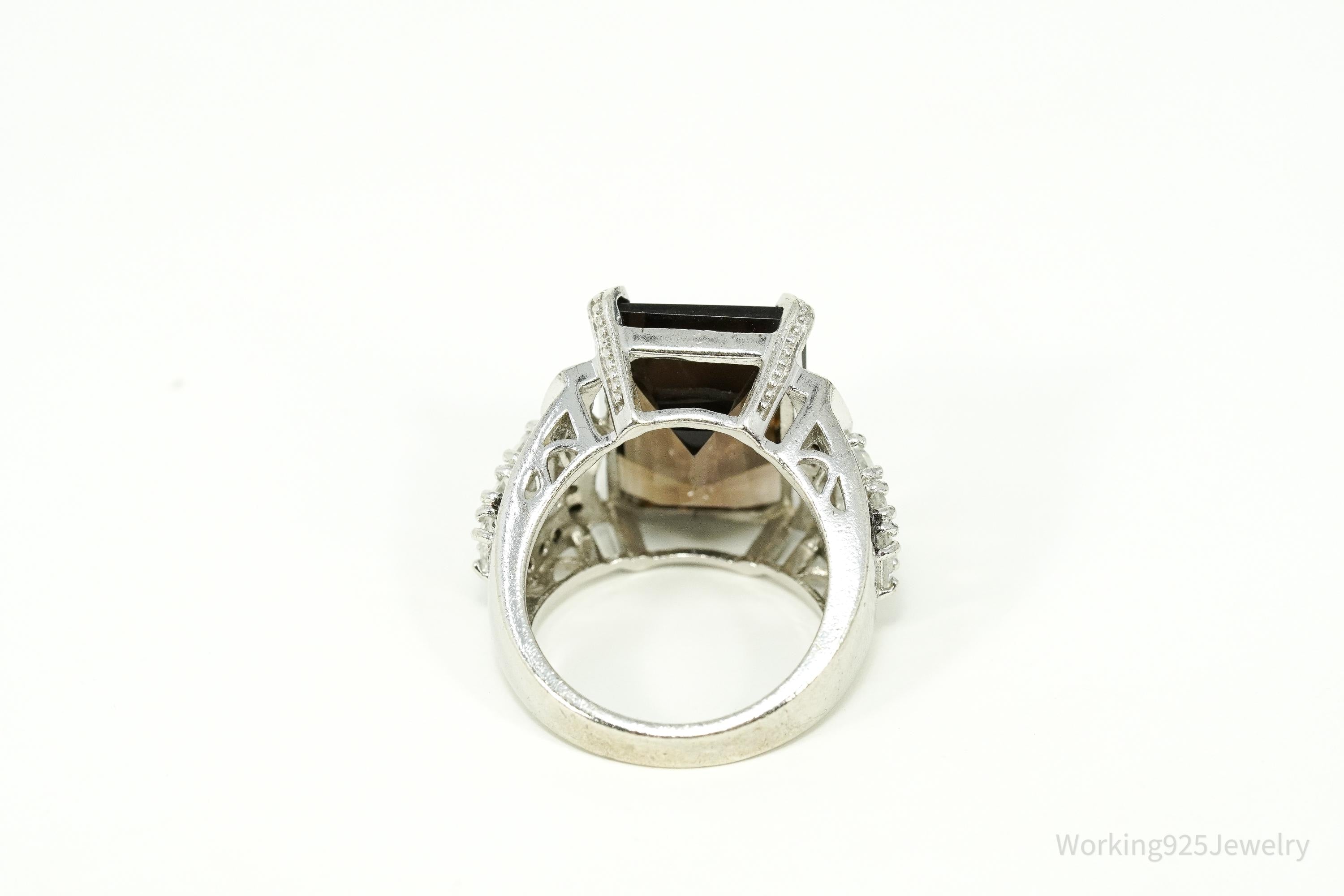 Vintage Large Smoky Quartz & White Topaz Sterling Silver Ring - Size 8