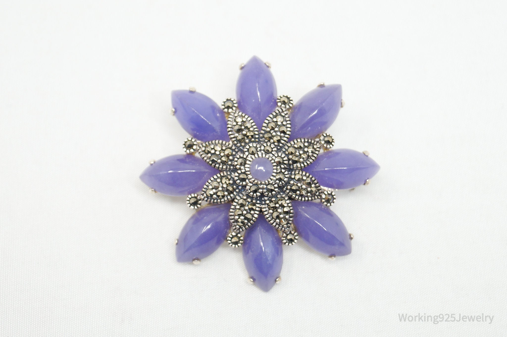 Vintage Purple Amethyst Marcasite Art Deco Style Sterling Brooch Pin