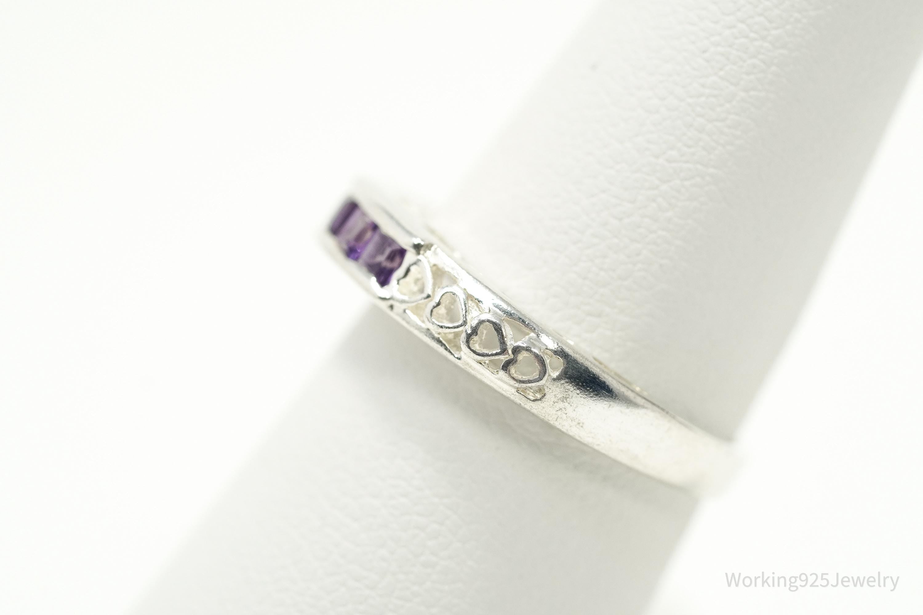 Vintage Purple Amethyst Hearts Pattern Sterling Silver Ring - Size 7