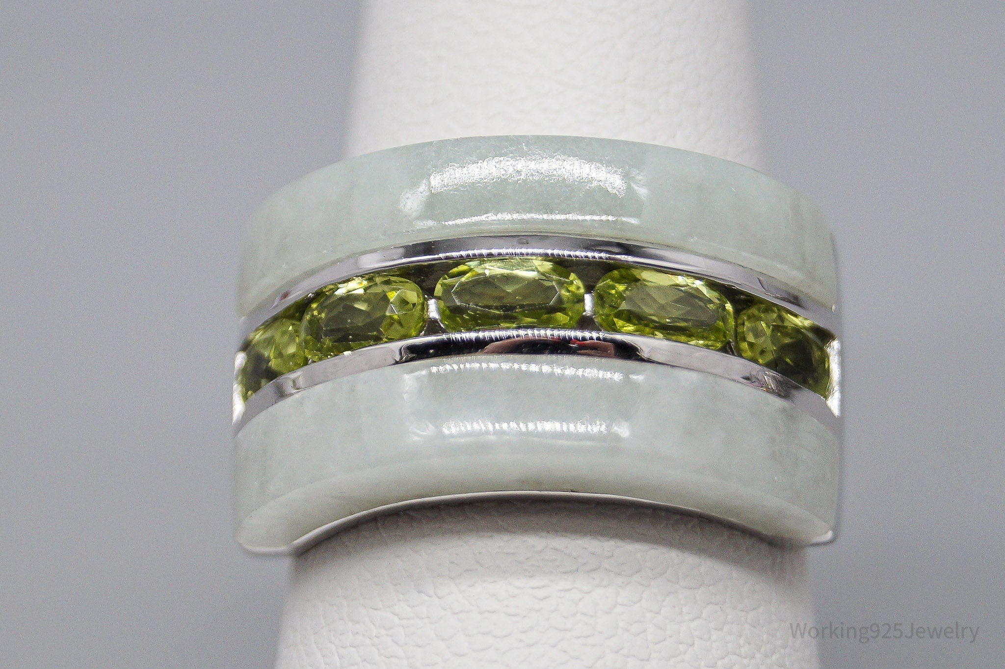 Green Jade & Peridot Sterling Silver Ring - Size 6.75