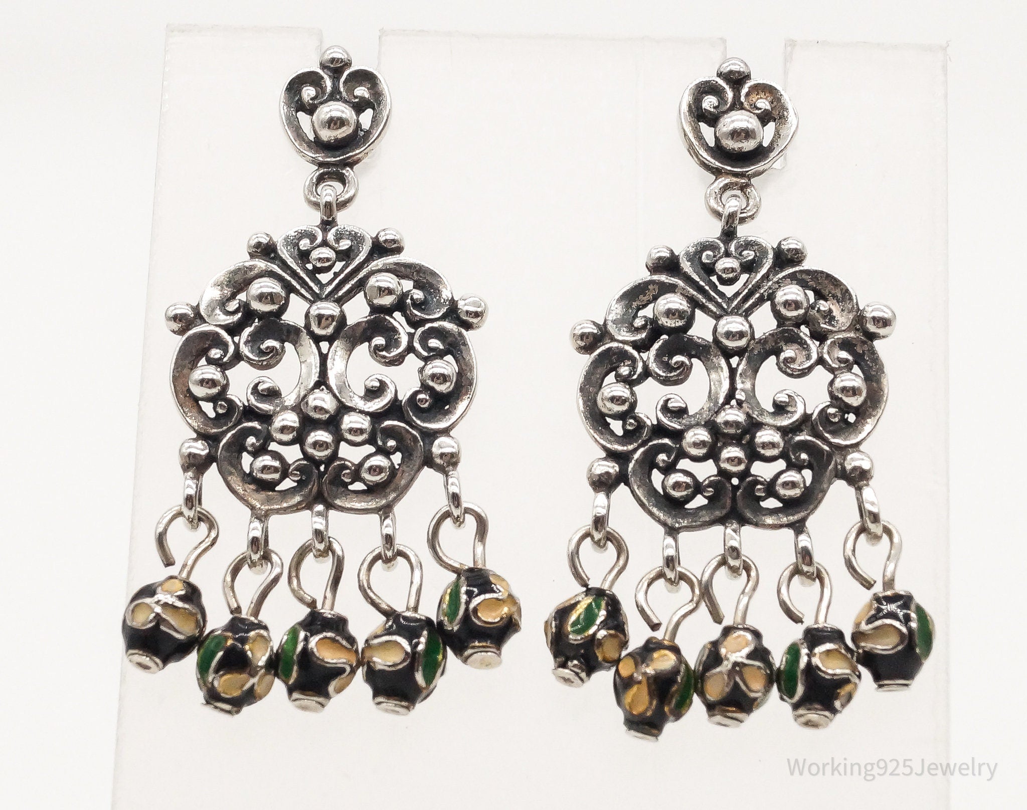 Vintage Thai Chandelier Cloisonne Bead Sterling Silver Earrings