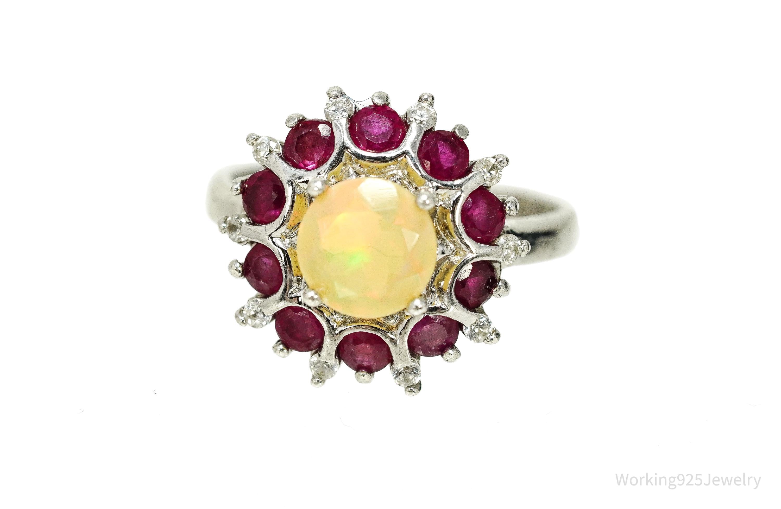Vintage Ethiopian Opal & Ruby Sterling Silver Ring - Size 7