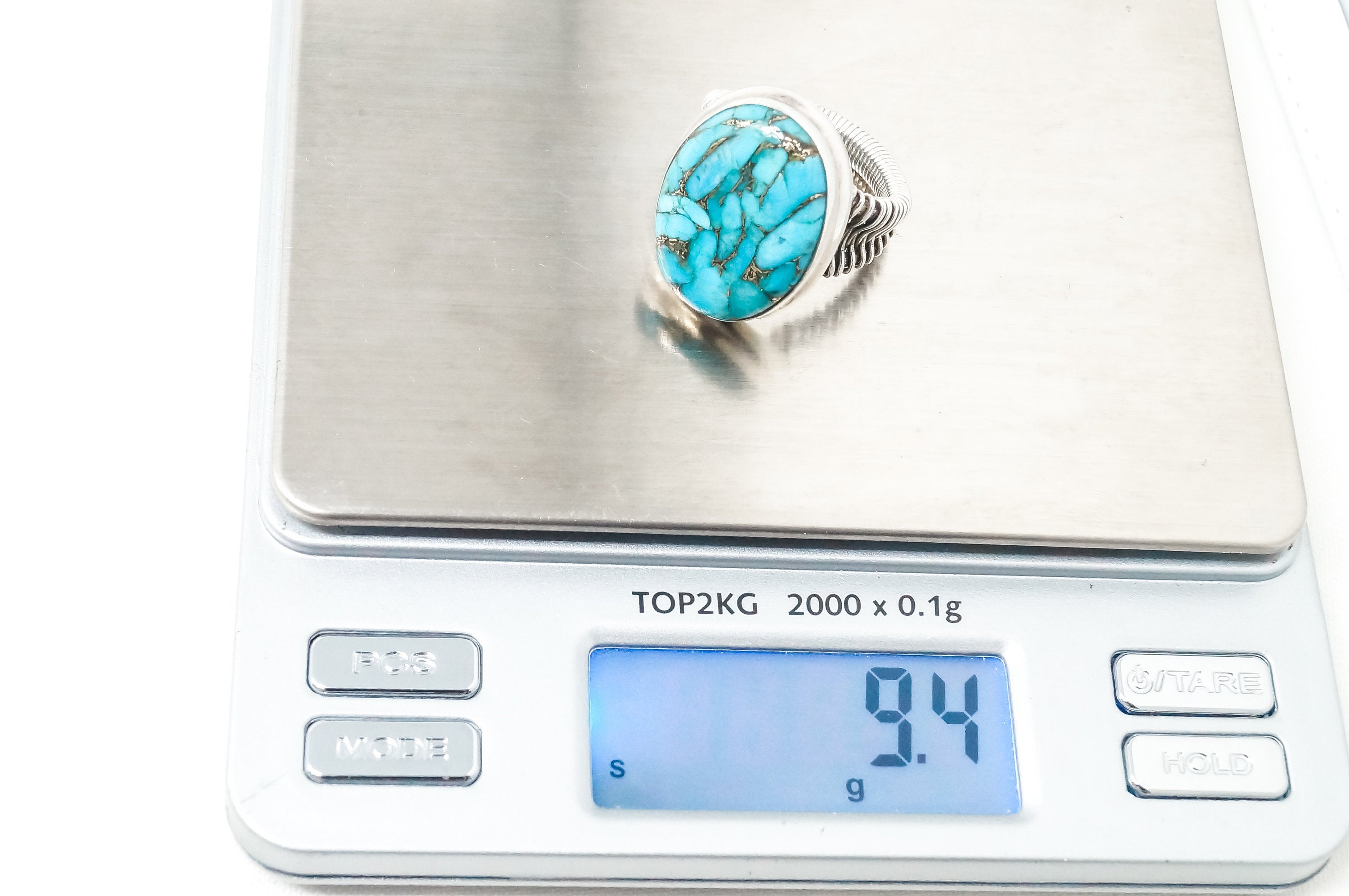 Vintage Large Turquoise Wire Wrap Design Sterling Silver Ring Sz 7.5 - 797300593