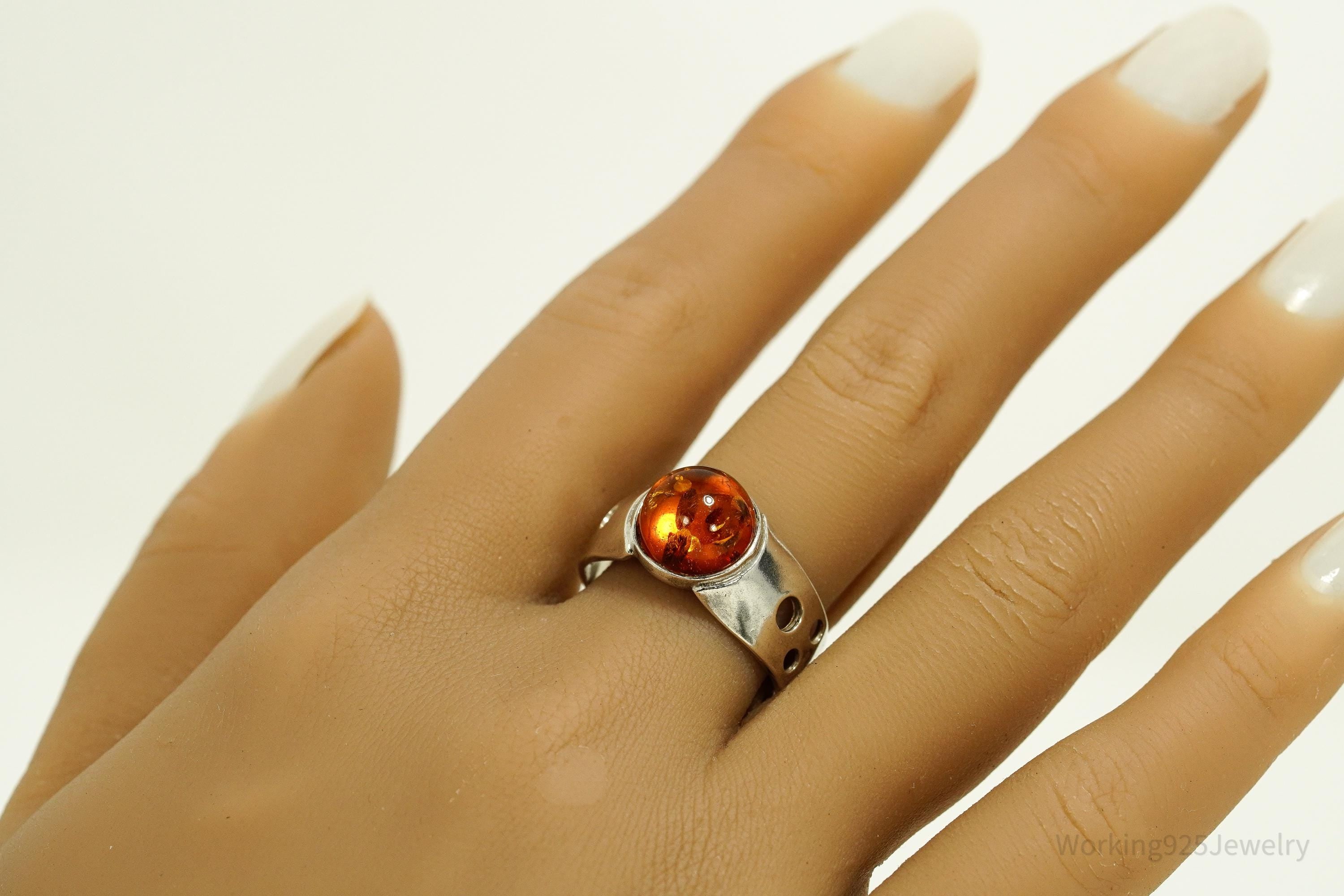 Vintage Amber Modernist Style Sterling Silver Ring - Size 10