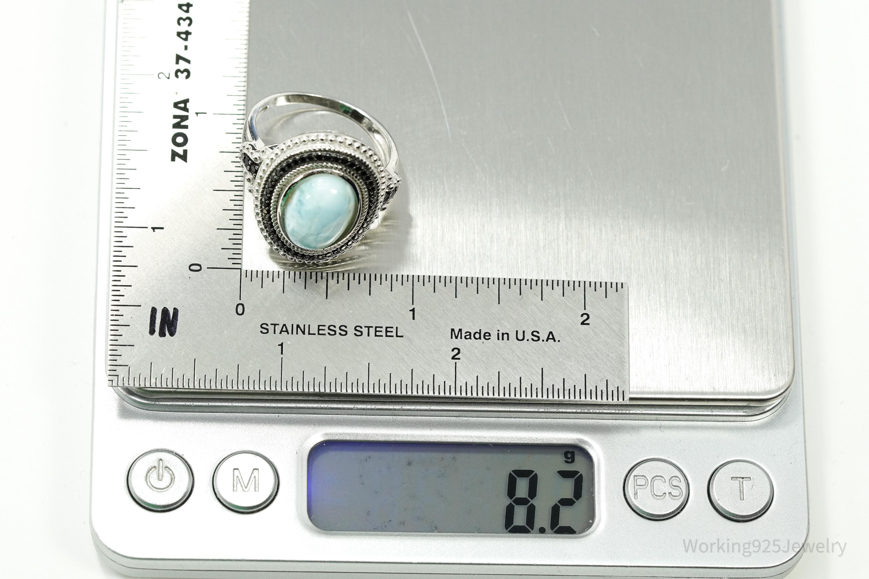 Vintage Blue Larimar & Black Spinel Sterling Silver Ring - Size 11