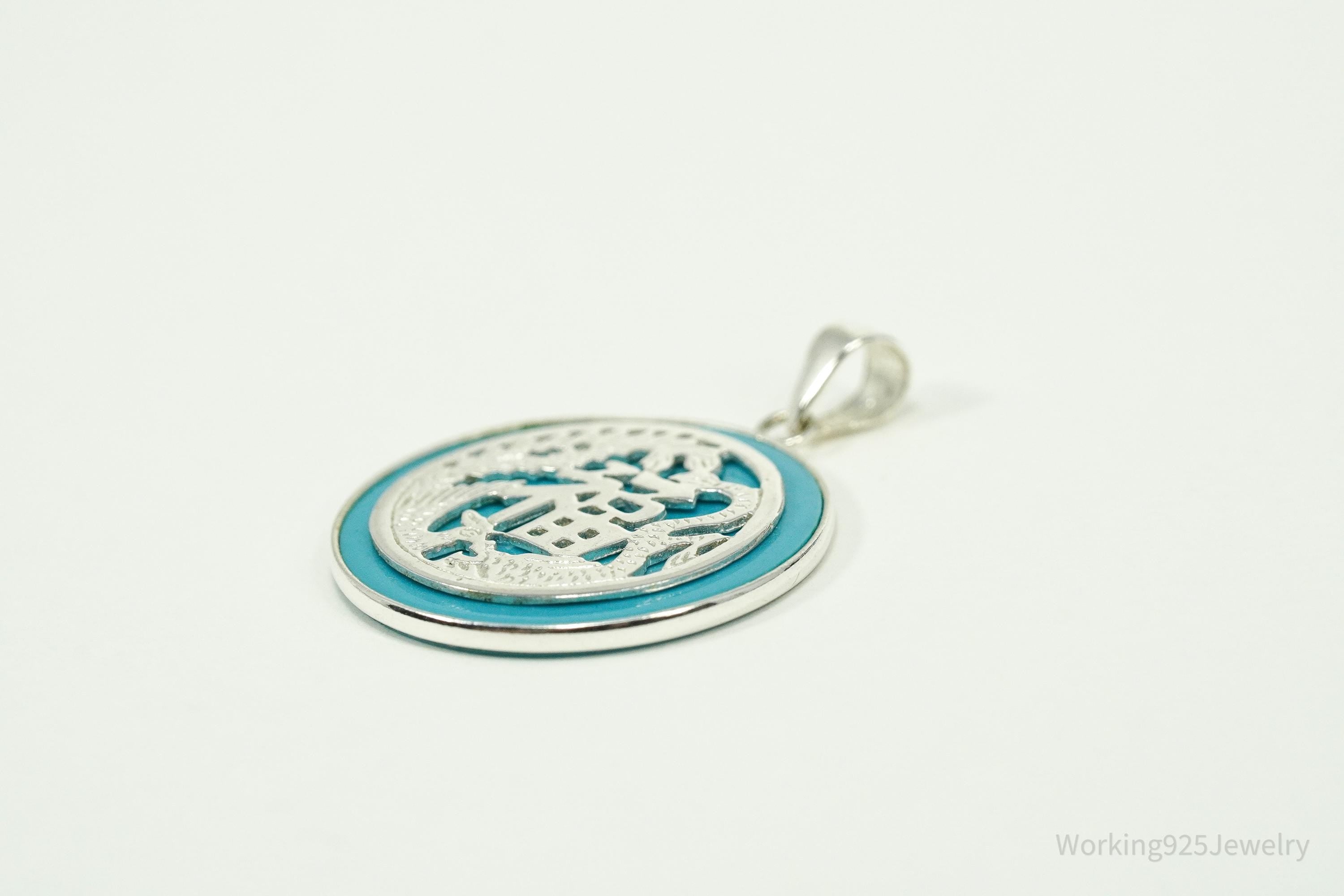 Vintage Chinese Fortune Good Luck Turquoise Sterling Silver Necklace Pendant 1 1/8"