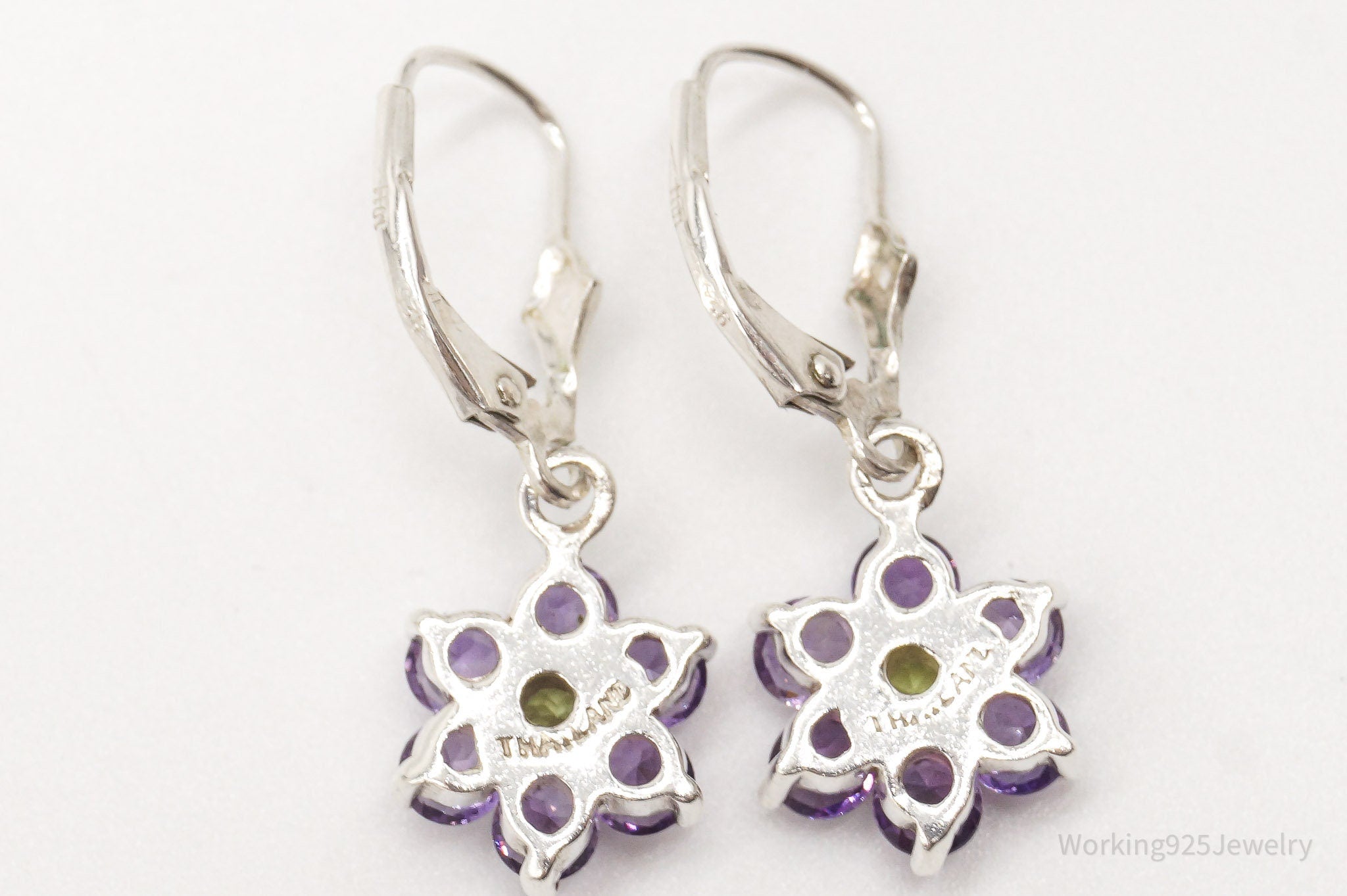 Vintage Peridot Amethyst Flowers Sterling Silver Earrings