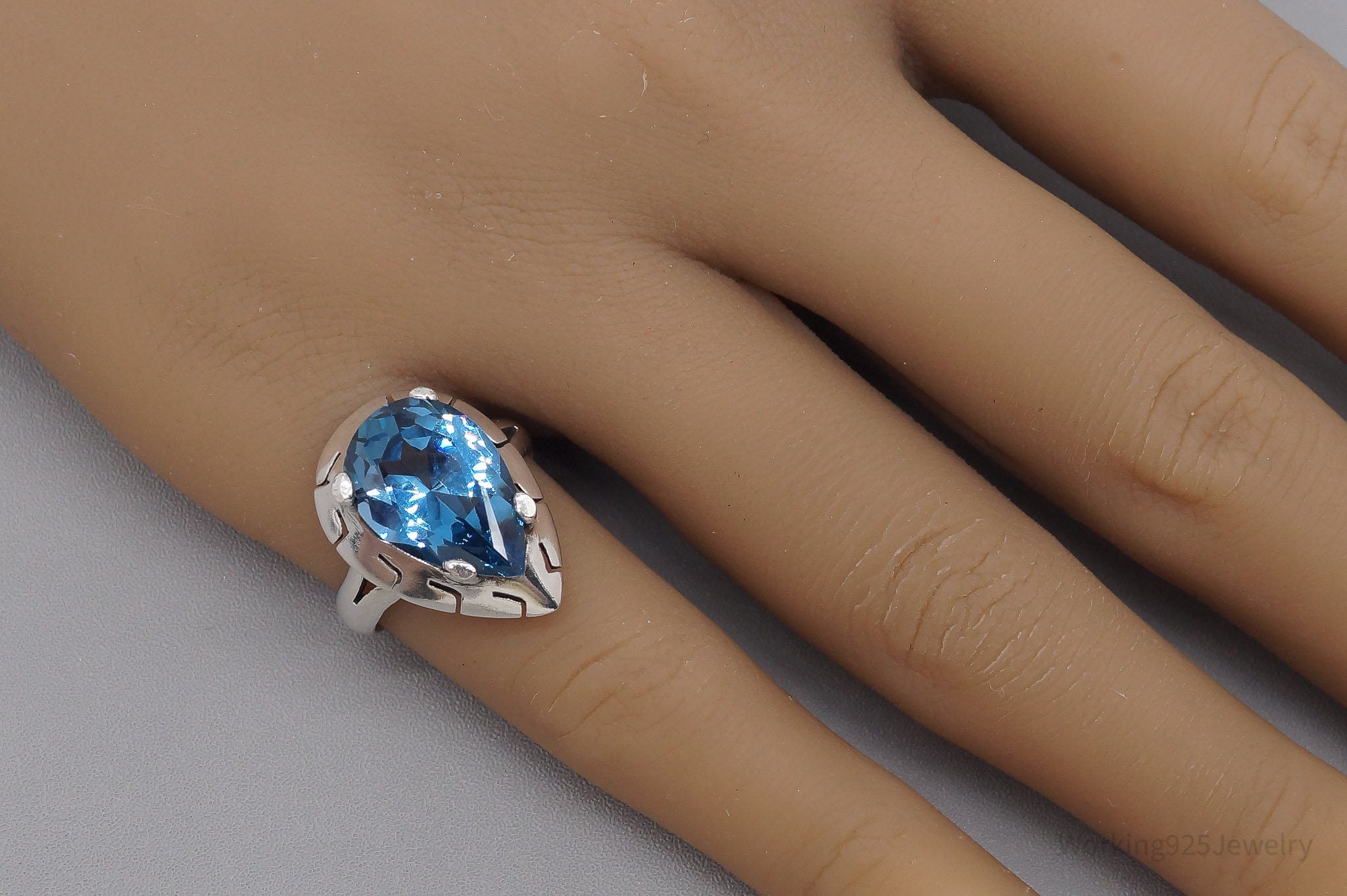 Vintage Large London Blue Topaz Sterling Silver Ring - Size 5.75