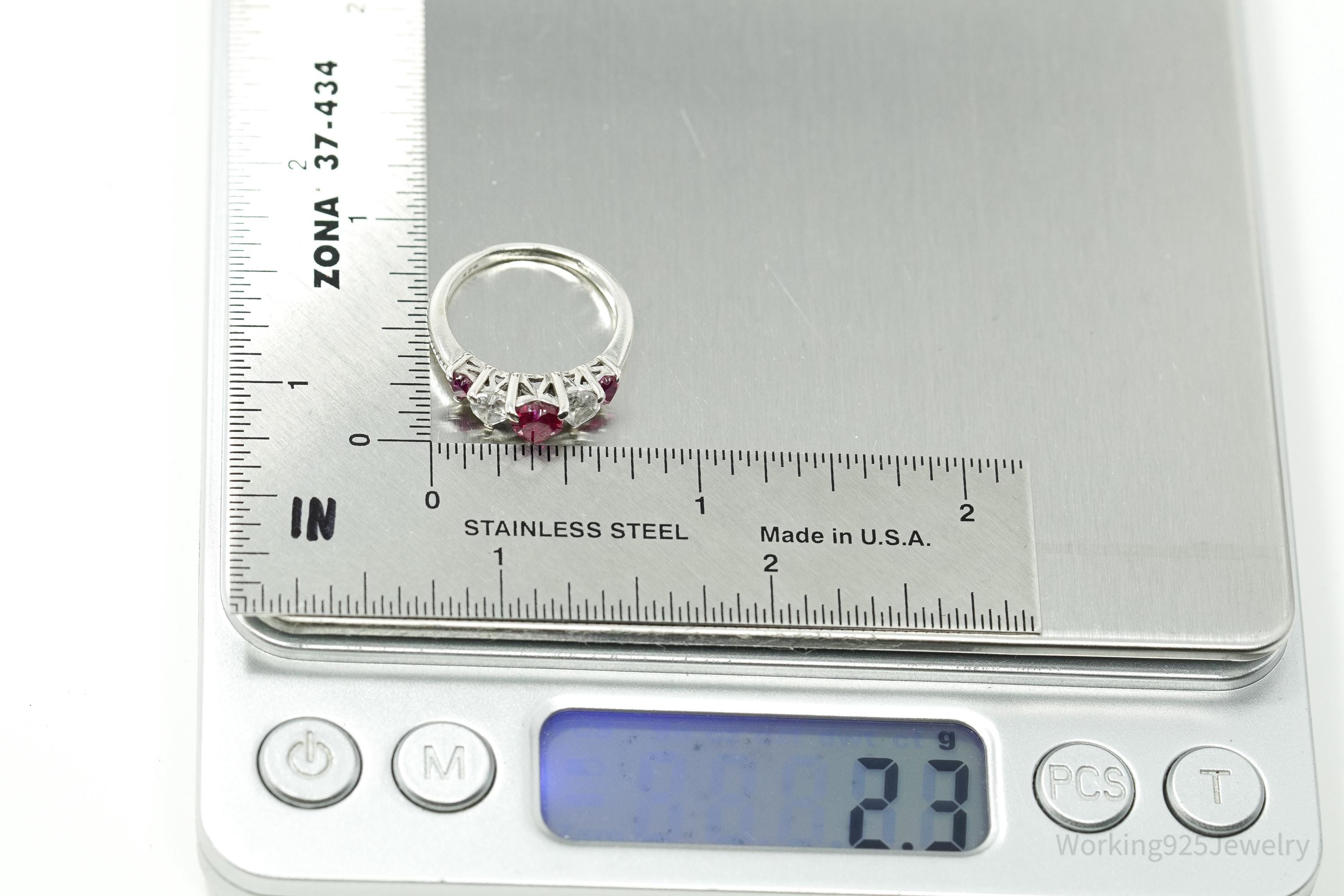 Vintage Ruby & White Topaz Hearts Sterling Silver Ring - Size 5.5