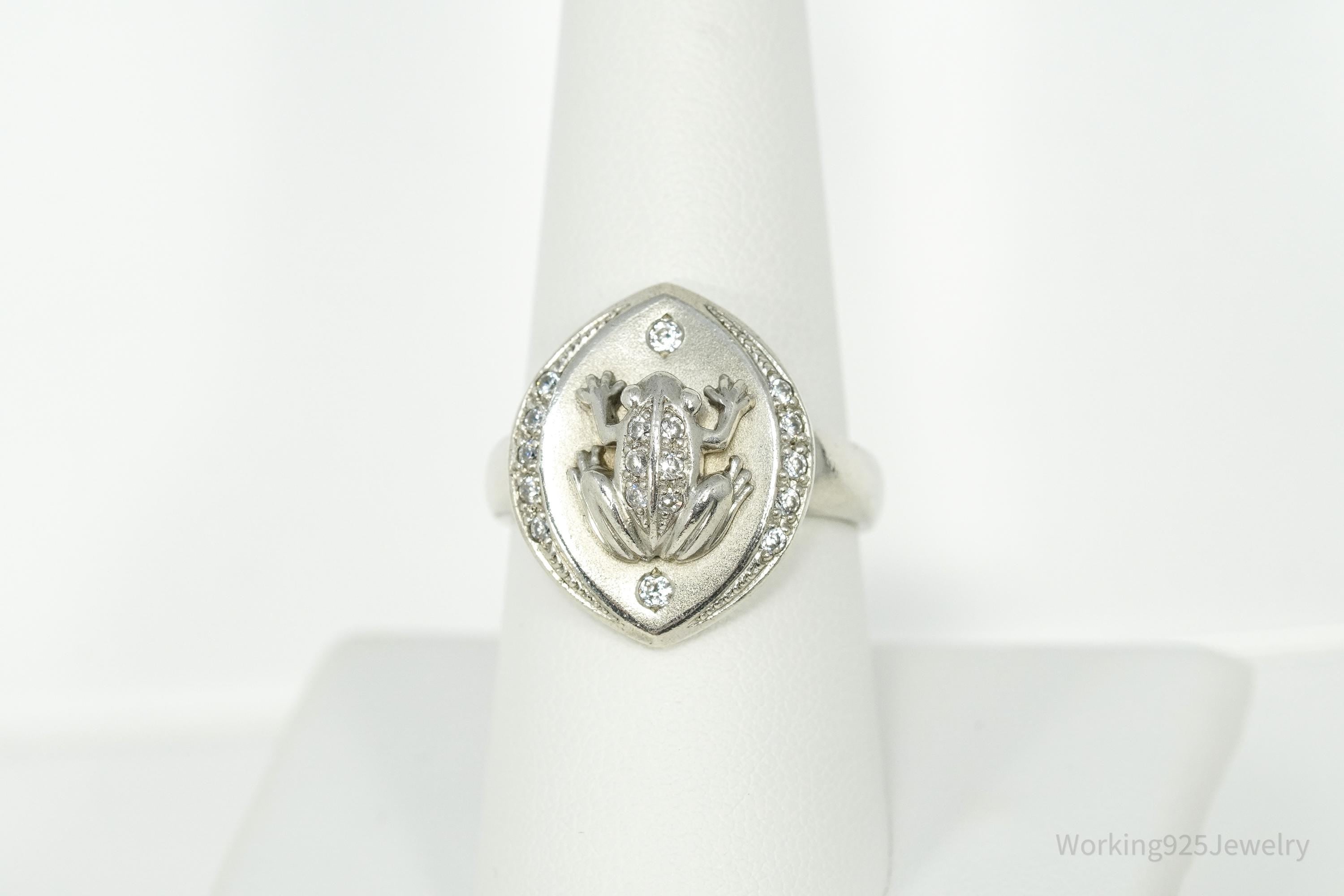 Vintage Frog Cubic Zirconia Sterling Silver Ring - Size 8.25