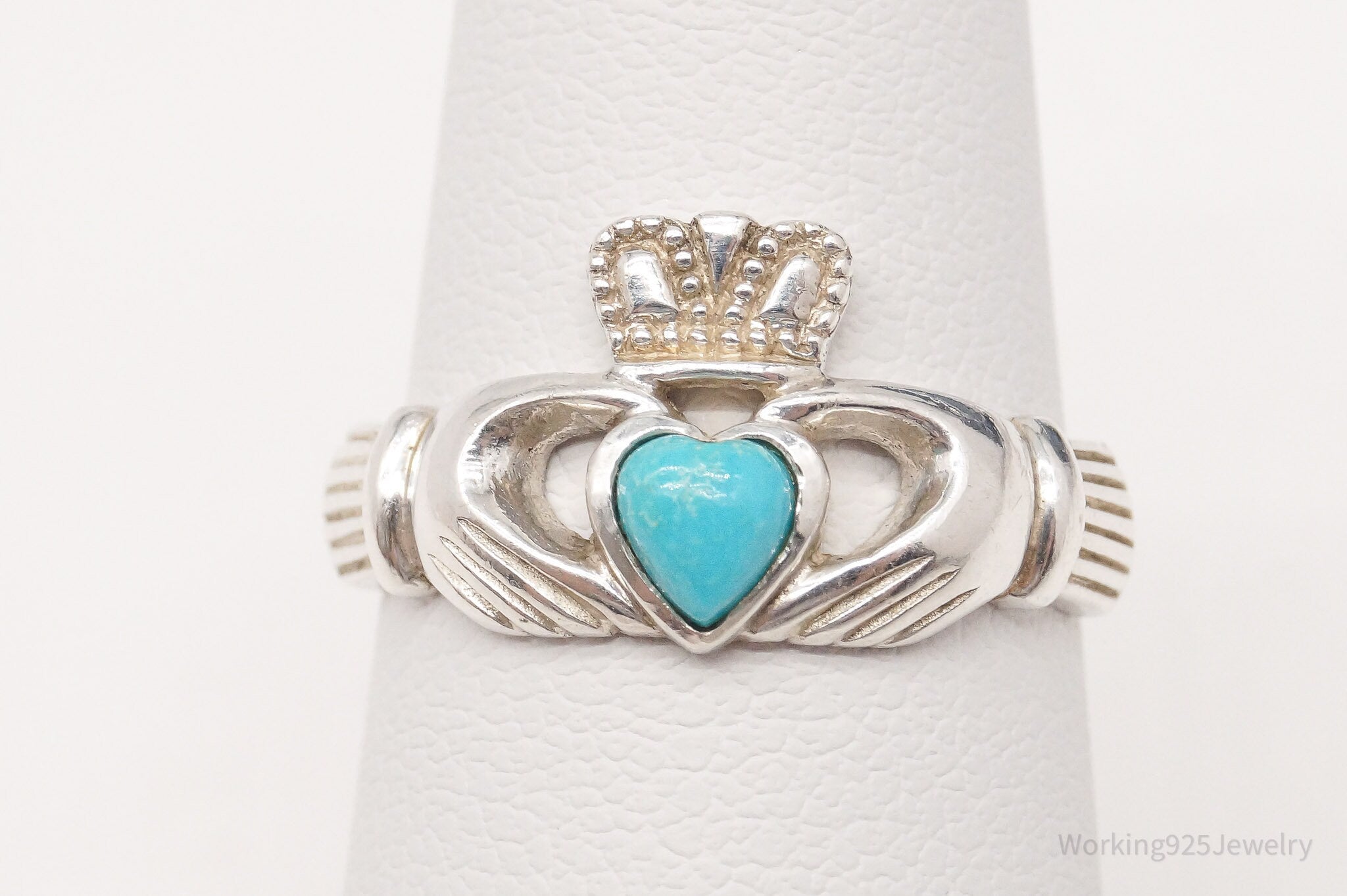 Vintage Ireland Claddagh Irish Blue Stone Heart Sterling Silver Ring Size 6