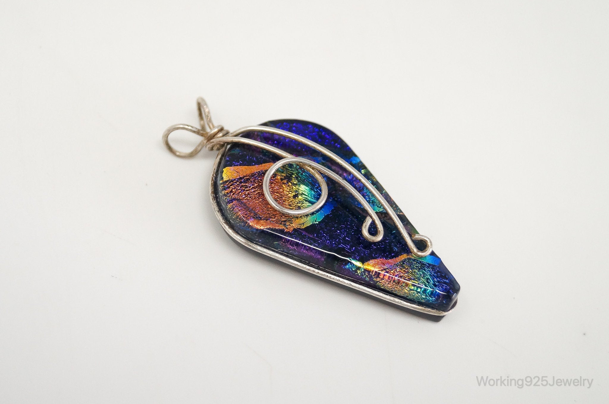 Vintage Large Dichroic Glass Sterling Silver Necklace Pendant