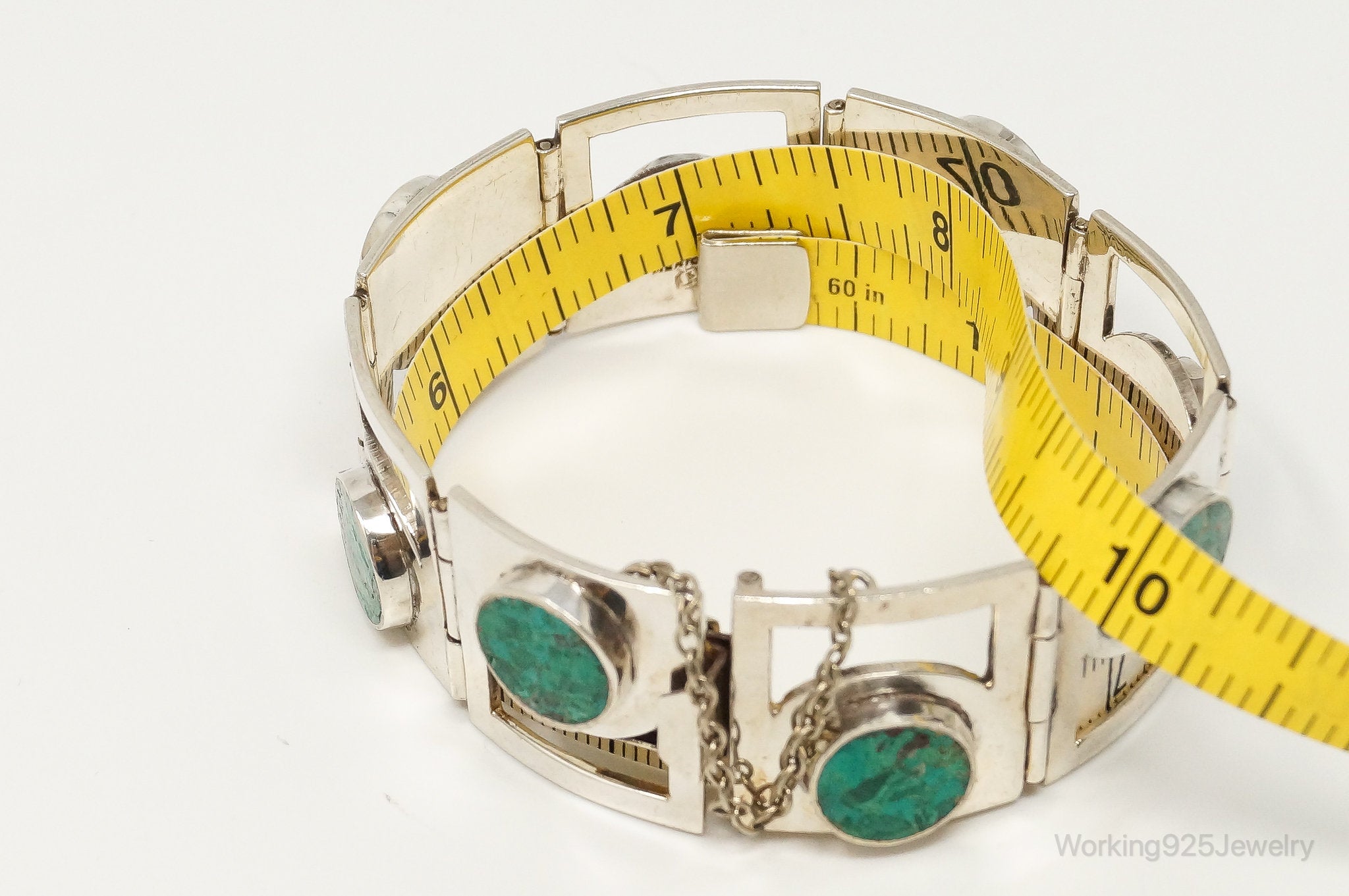 Vintage Taxco Designer Crushed Turquoise Sterling Silver Panel Bracelet