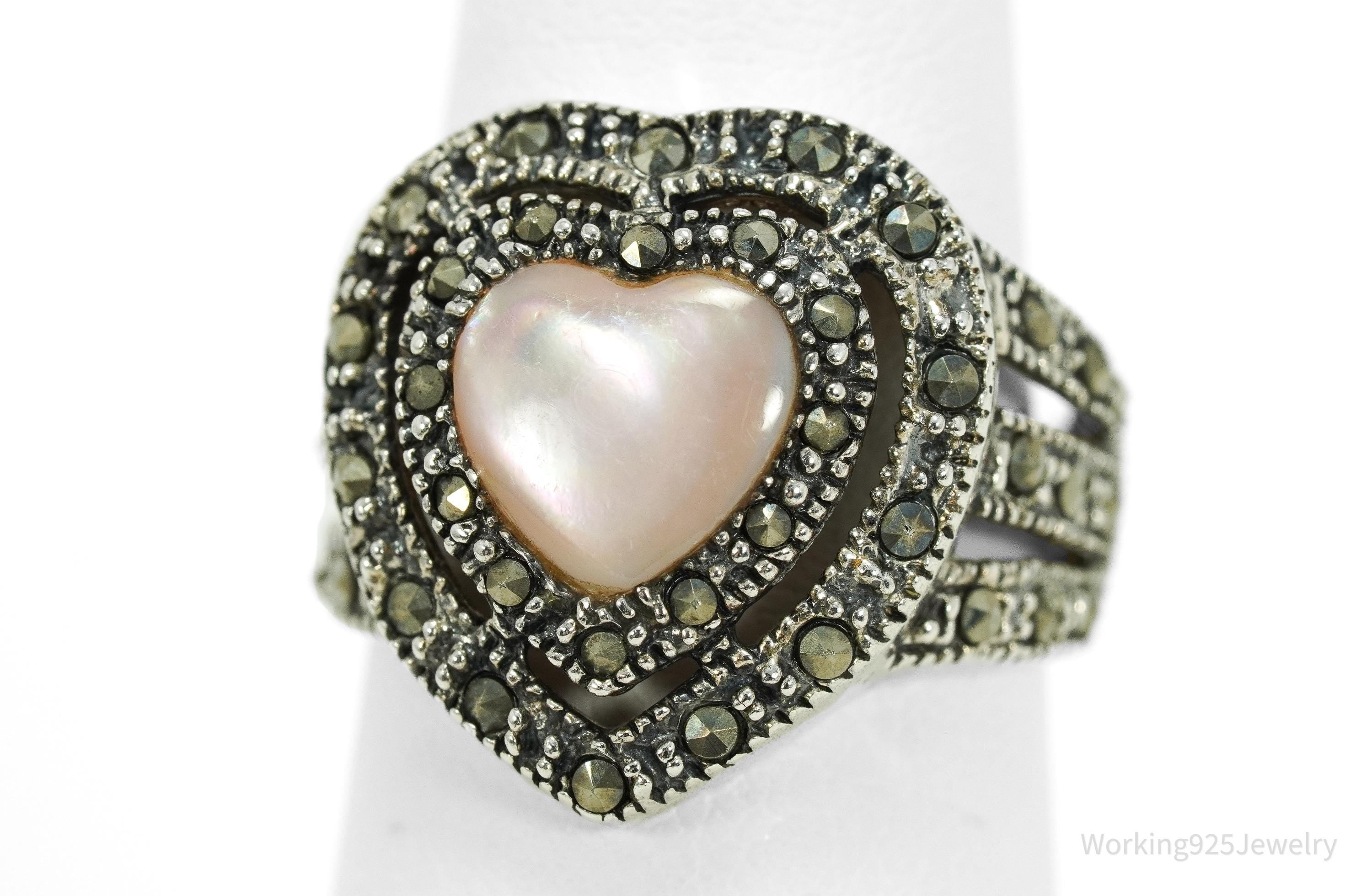 Vintage Pink Mother Of Pearl & Marcasite Sterling Silver Ring - Size 7