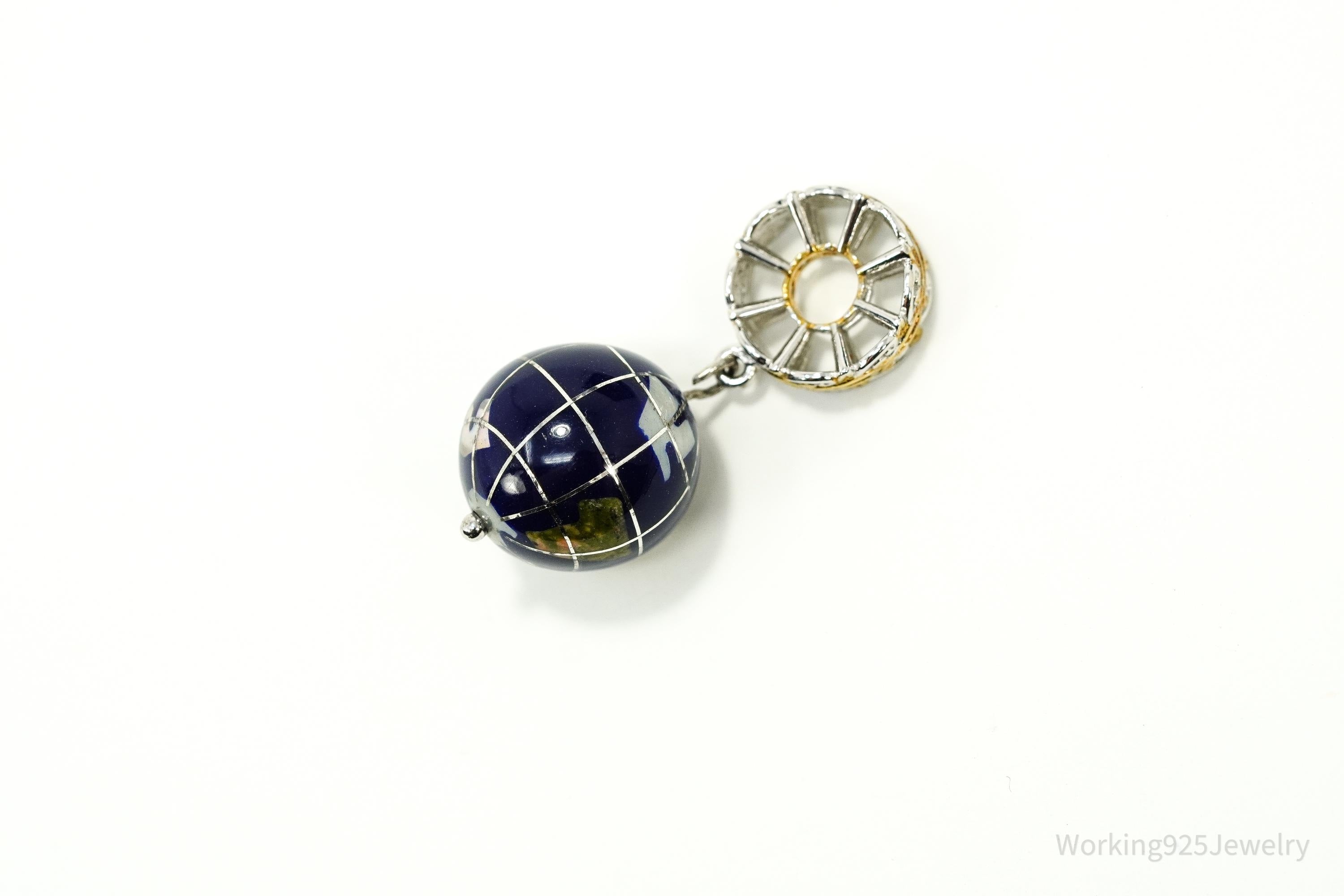 Designer Michael Valitutti Multi Gem Inlay Globe Gold Sterling Silver Charm Pendant