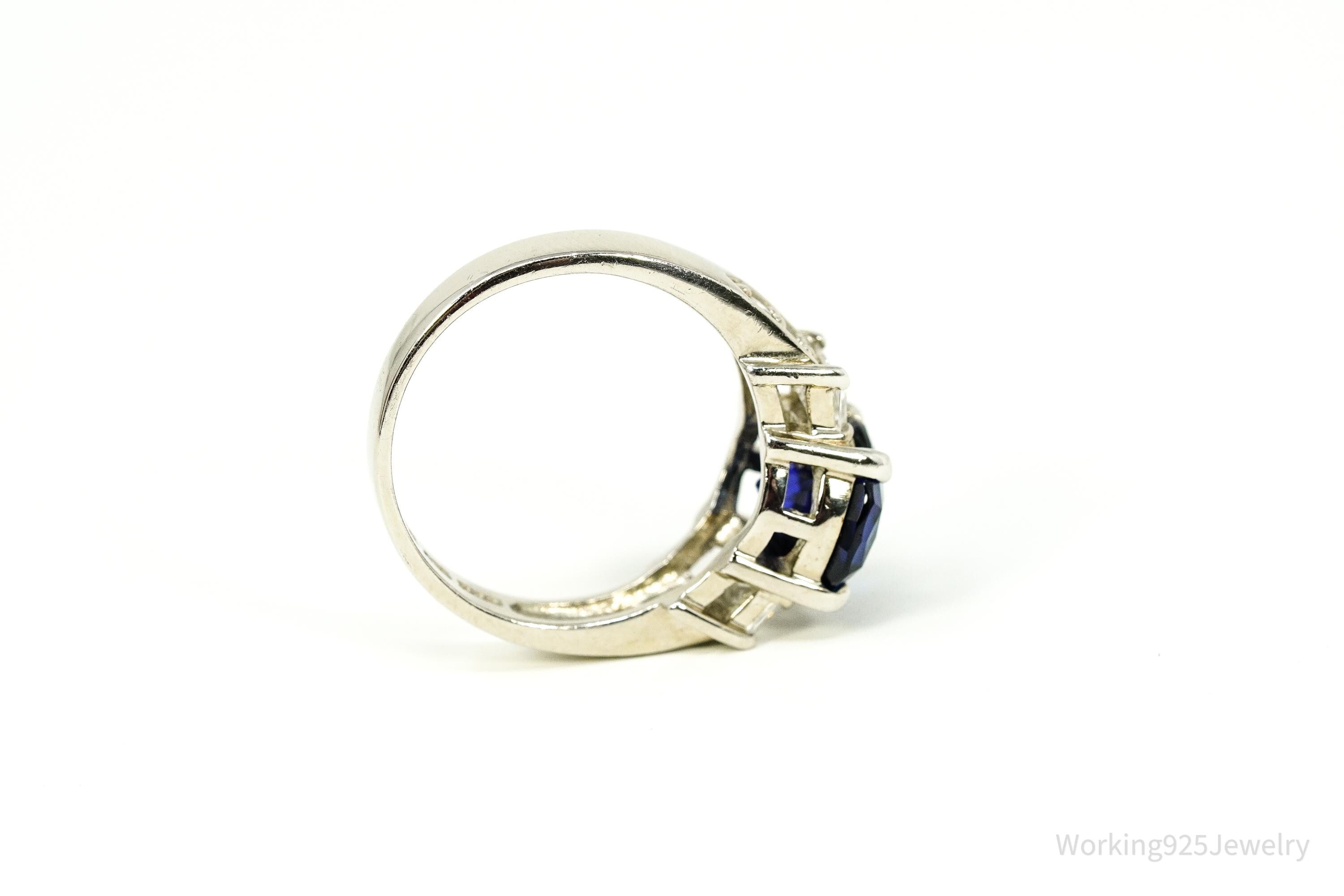Vintage Lab Sapphire & Diamonique Cubic Zirconia Sterling Silver Ring - Size 8.25
