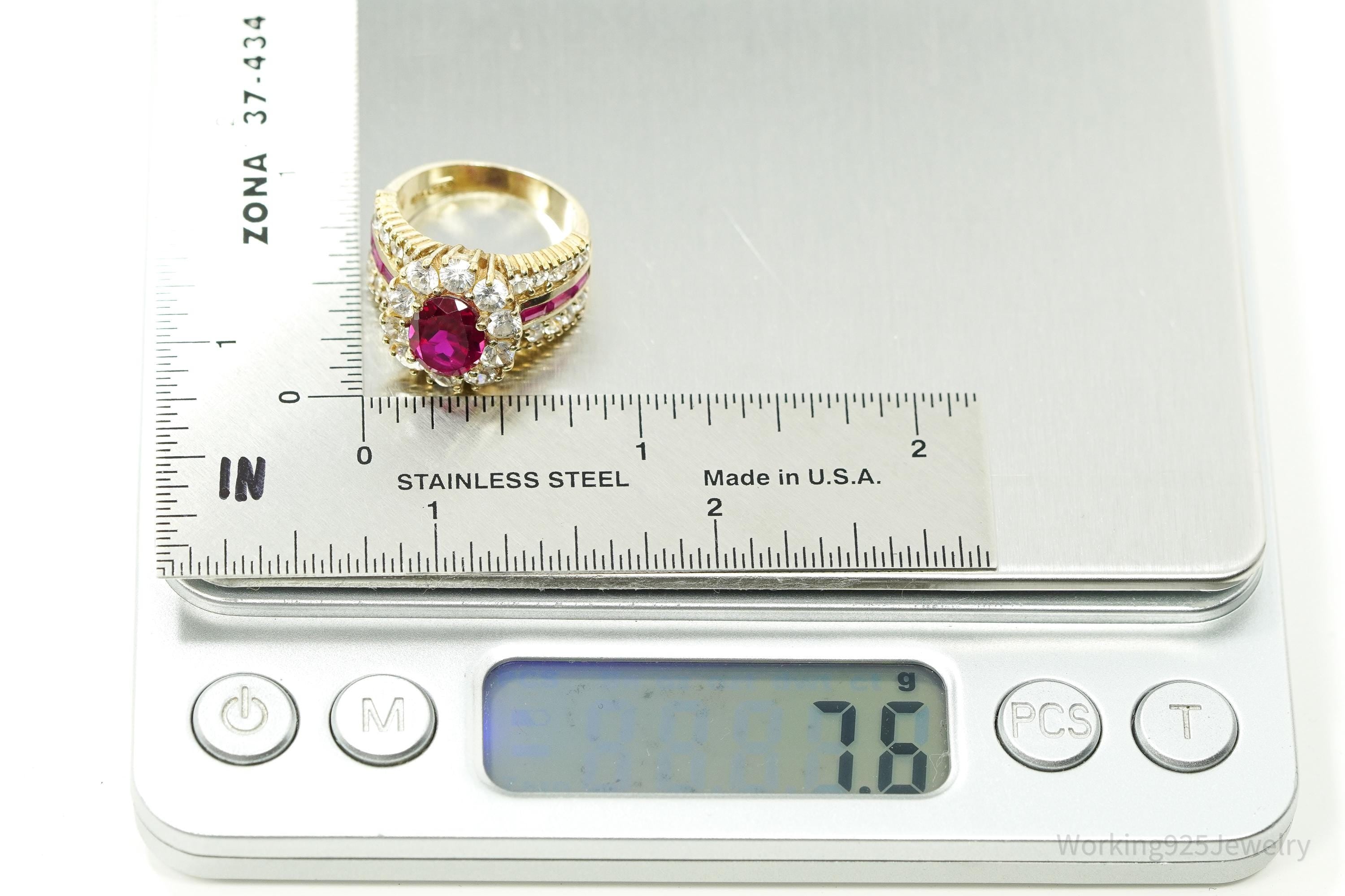 Vintage Ruby & Cubic Zirconia Gold Vermeil Sterling Silver Ring Size 6.25