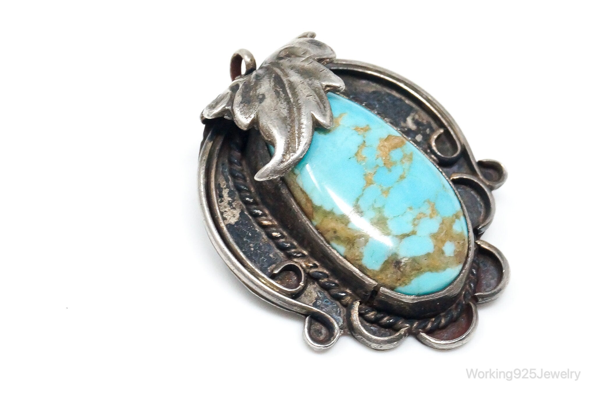 Vintage Native American Unsigned Turquoise Sterling Silver Pendant Brooch Pin