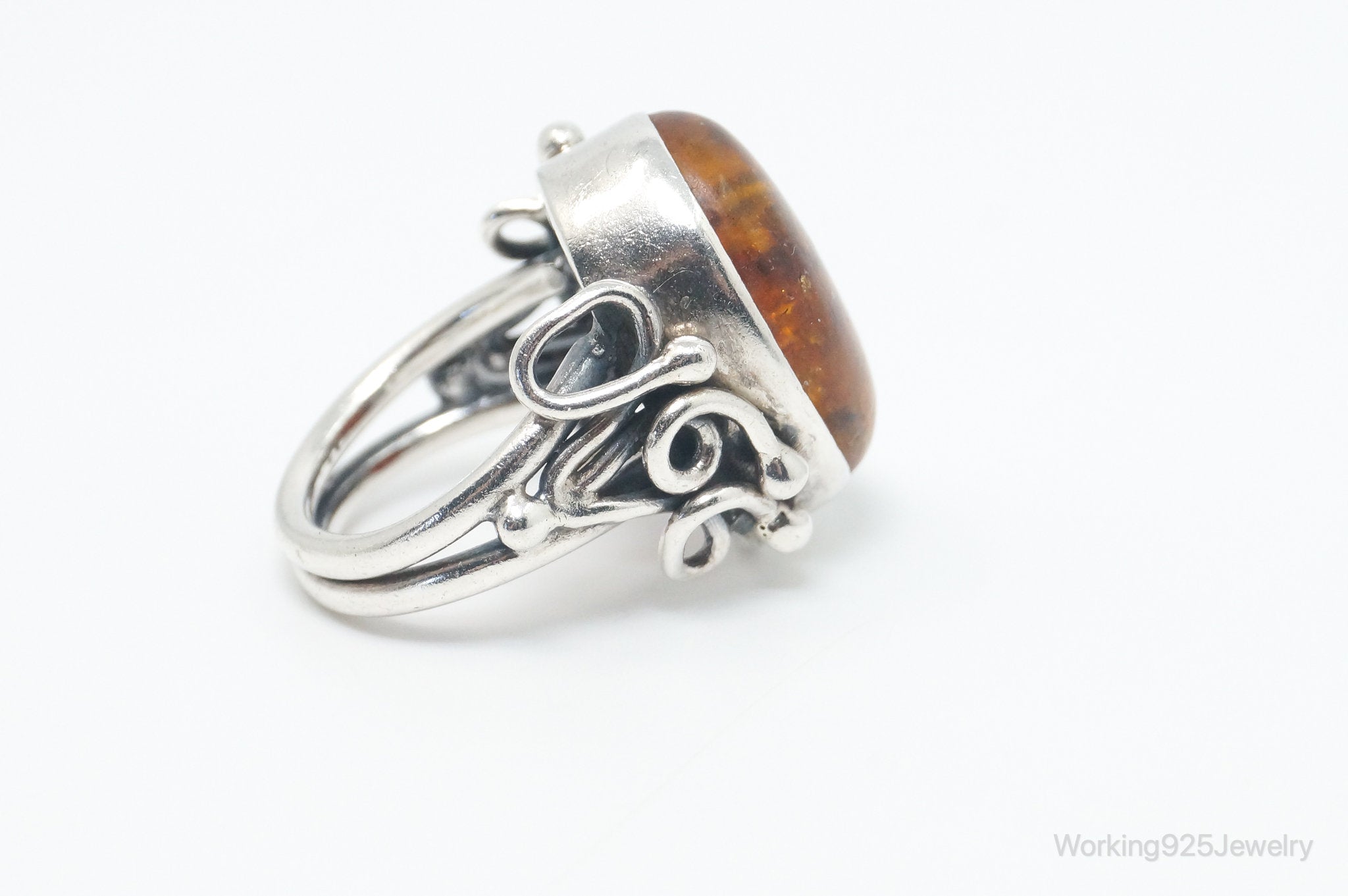 Vintage Large Baltic Amber Modern Sterling Silver Ring - Size 6.25