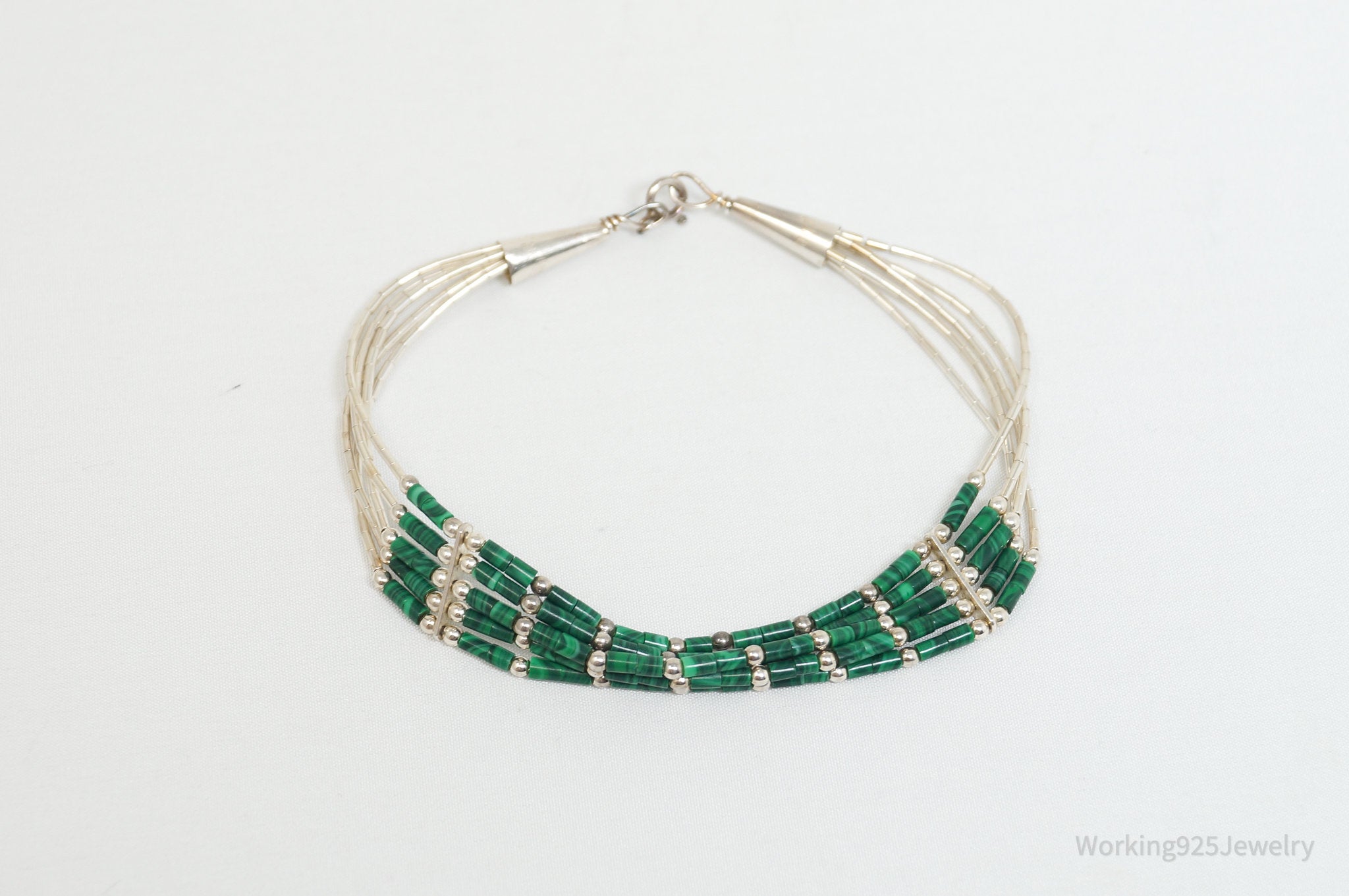 Vintage Native Handmade Green Malachite Woven Sterling Silver Bead Bracelet