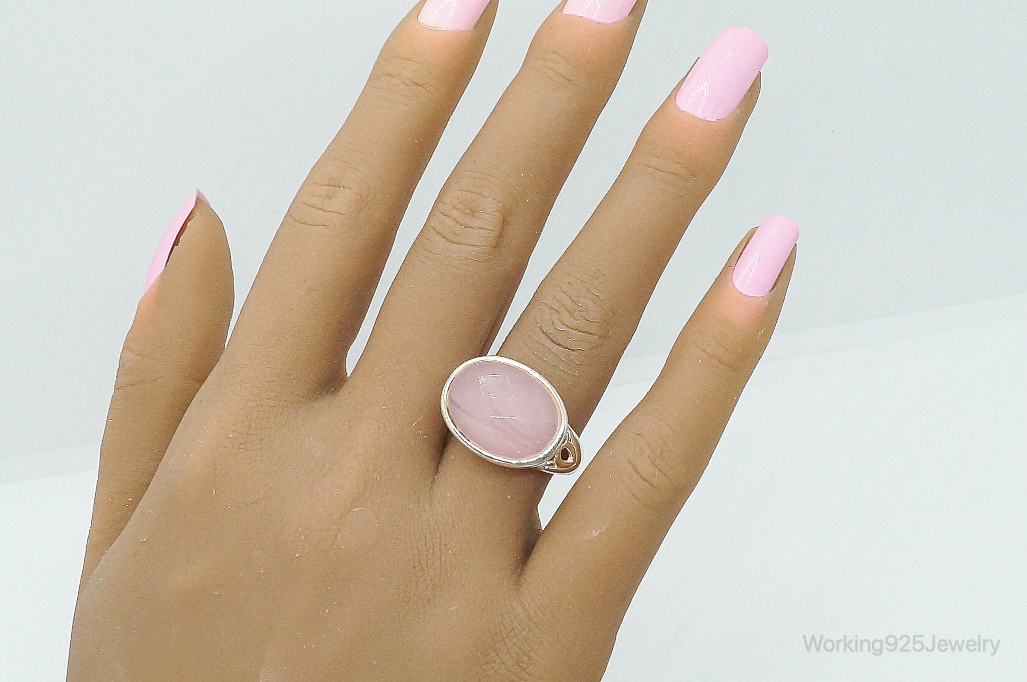 Large Pink Chalcedony Sterling Silver Ring - Size 8