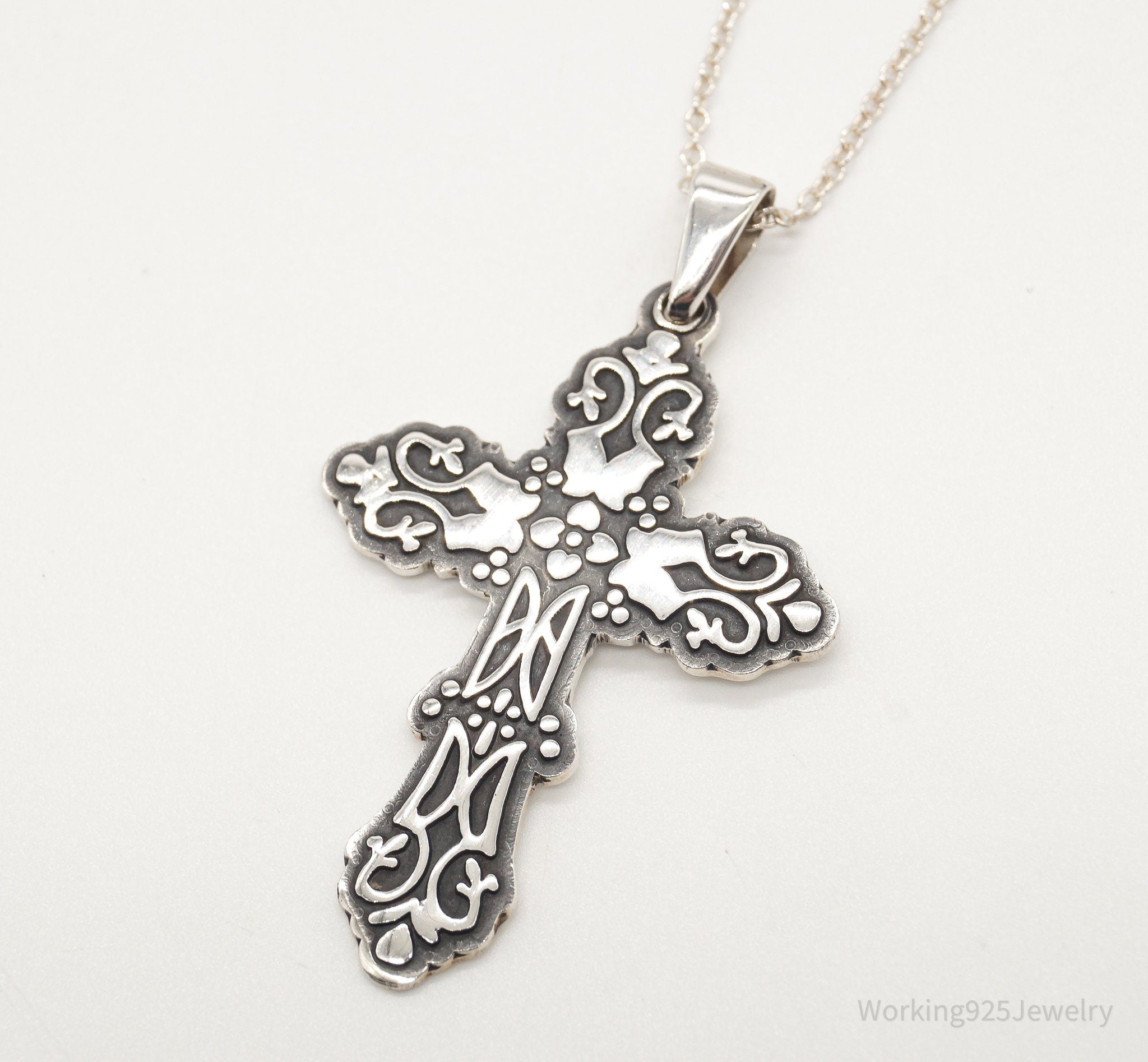 Vintage Large Mexico Artisan CII Cross Sterling Silver Necklace