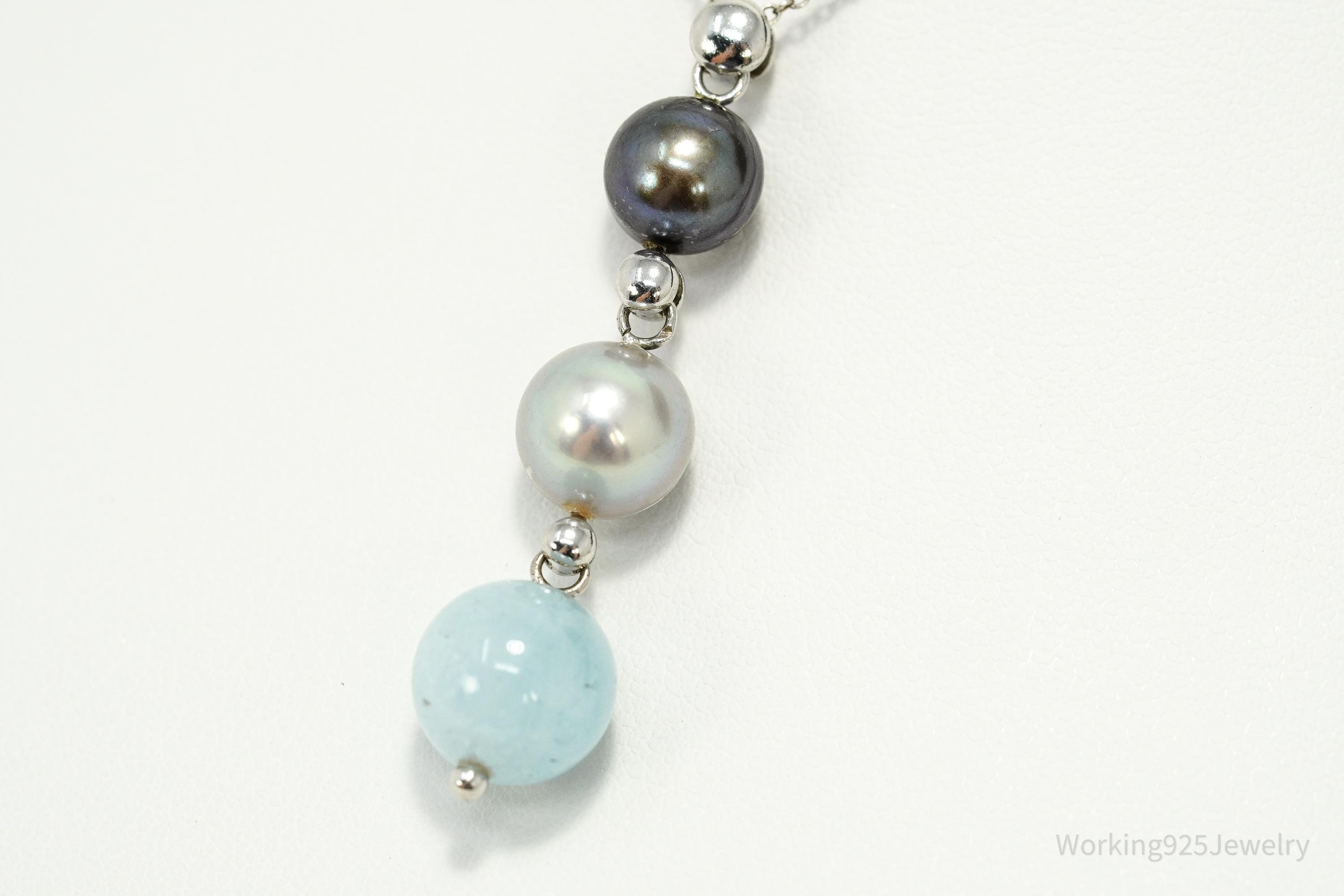 Vintage Pearl & Aquamarine Sterling Silver Necklace 18"