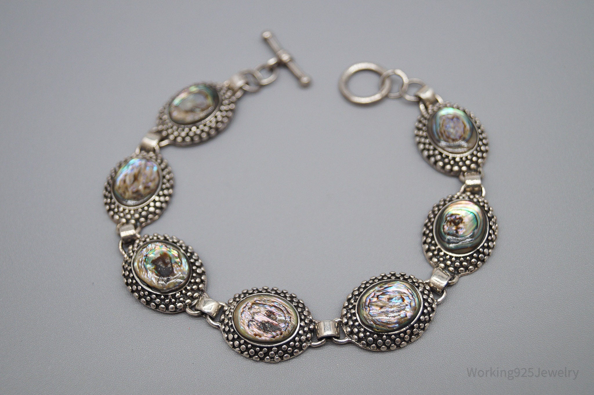 Vintage Paua Abalone Shell Inlay Sterling Silver Bracelet 8.25"