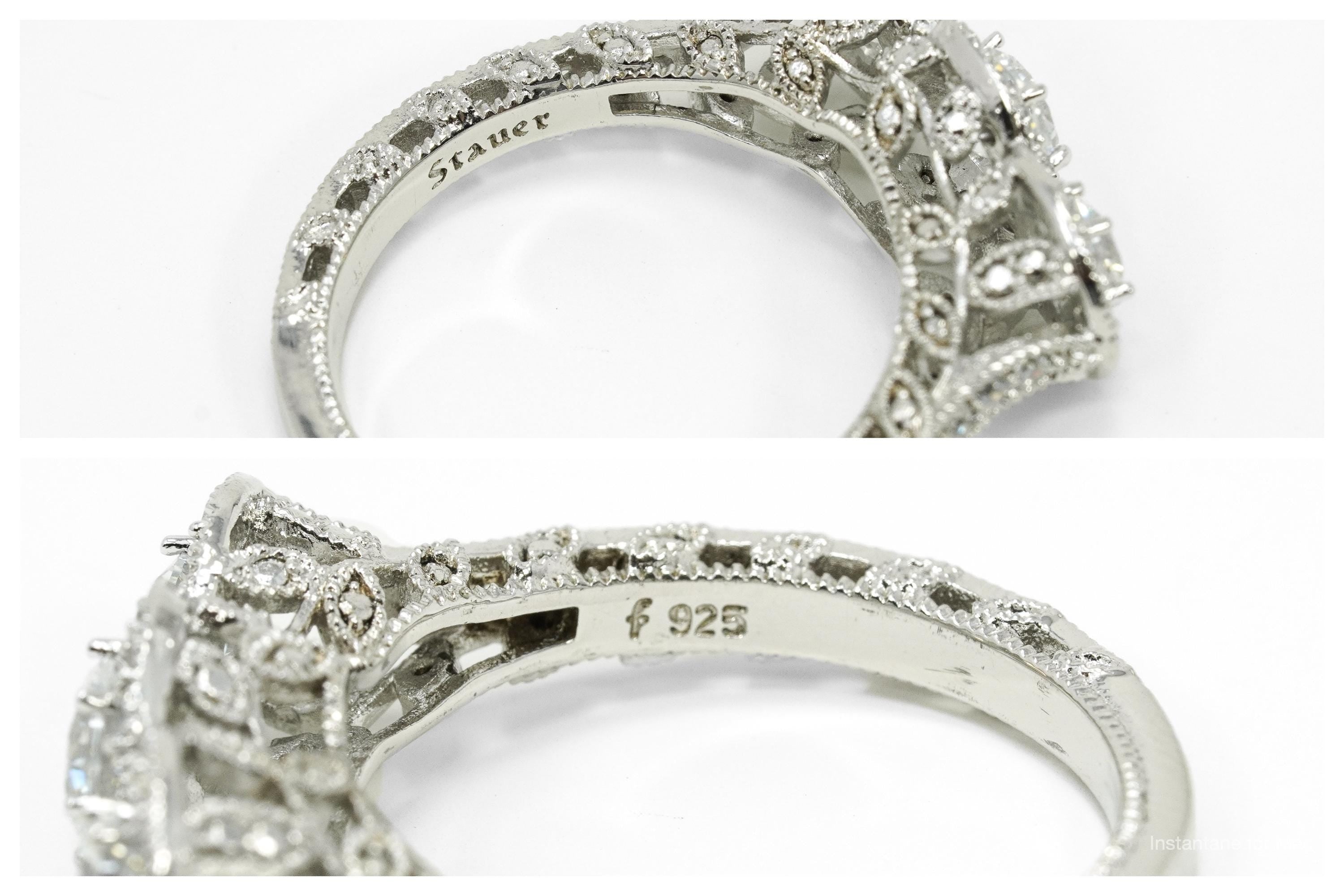 Designer STAUER Three Stone Halo Cubic Zirconia Sterling Silver Ring - Size 10