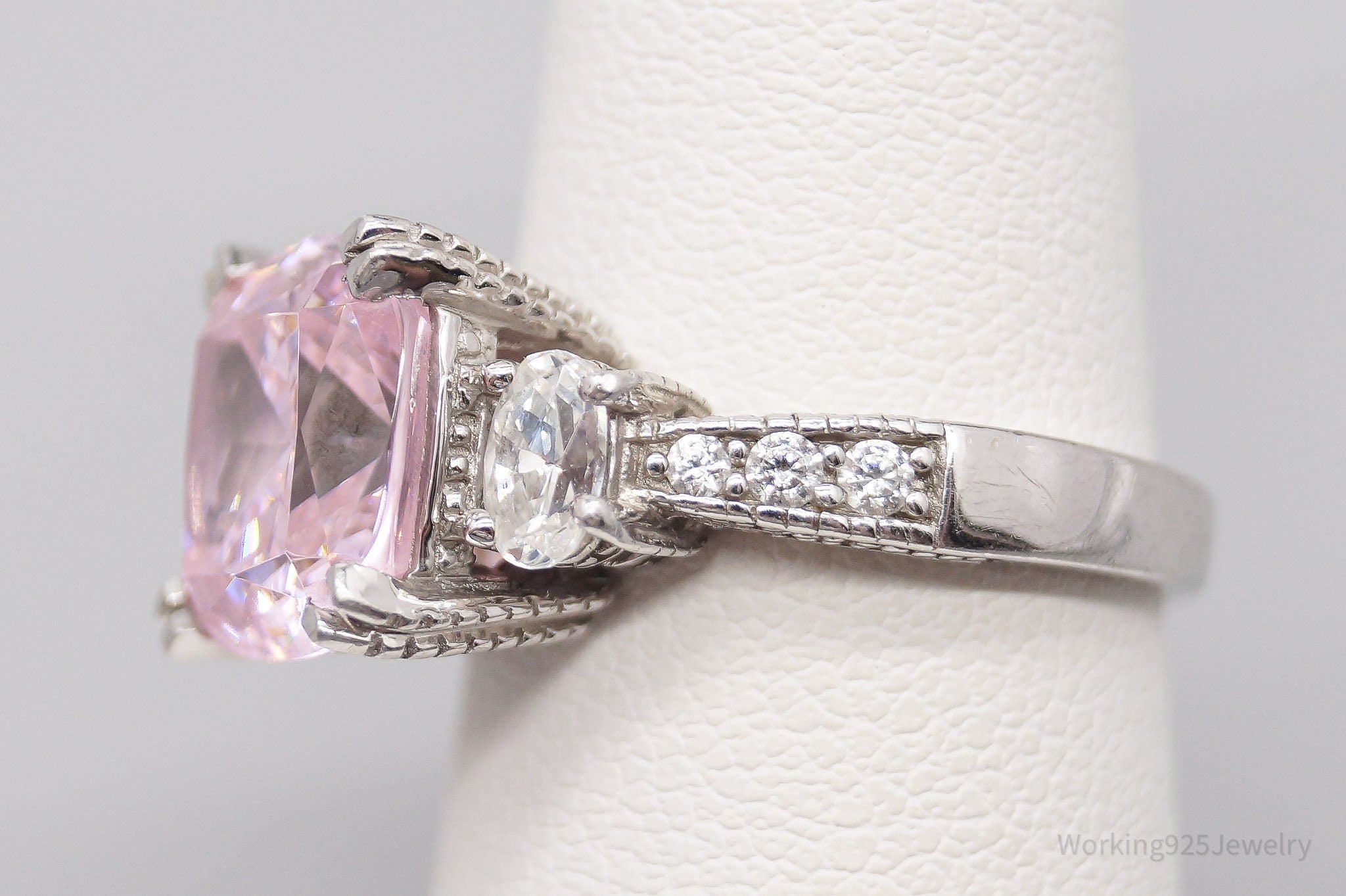 Vintage Large Pink & White Cubic Zirconia Sterling Silver Ring - Size 6