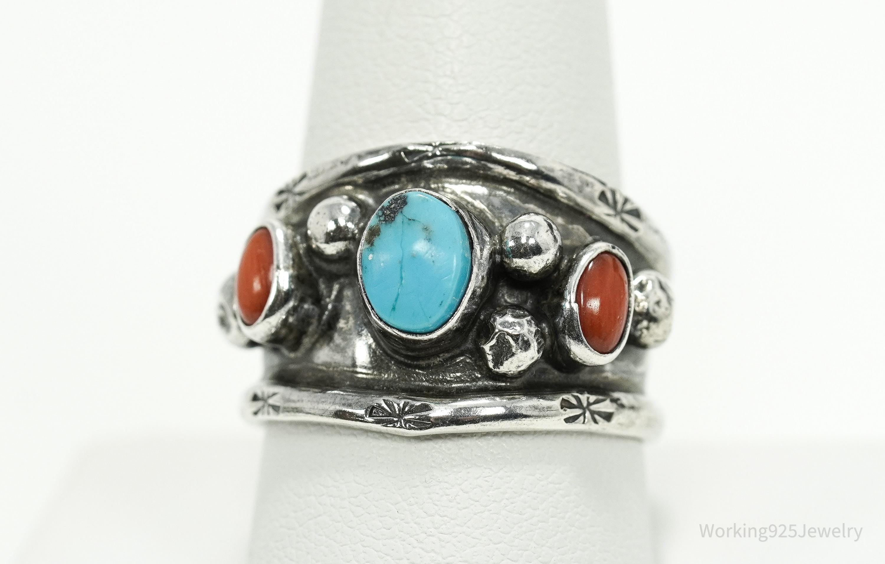 Vintage Native American Turquoise & Coral Unsigned Silver Ring - Size 9.75