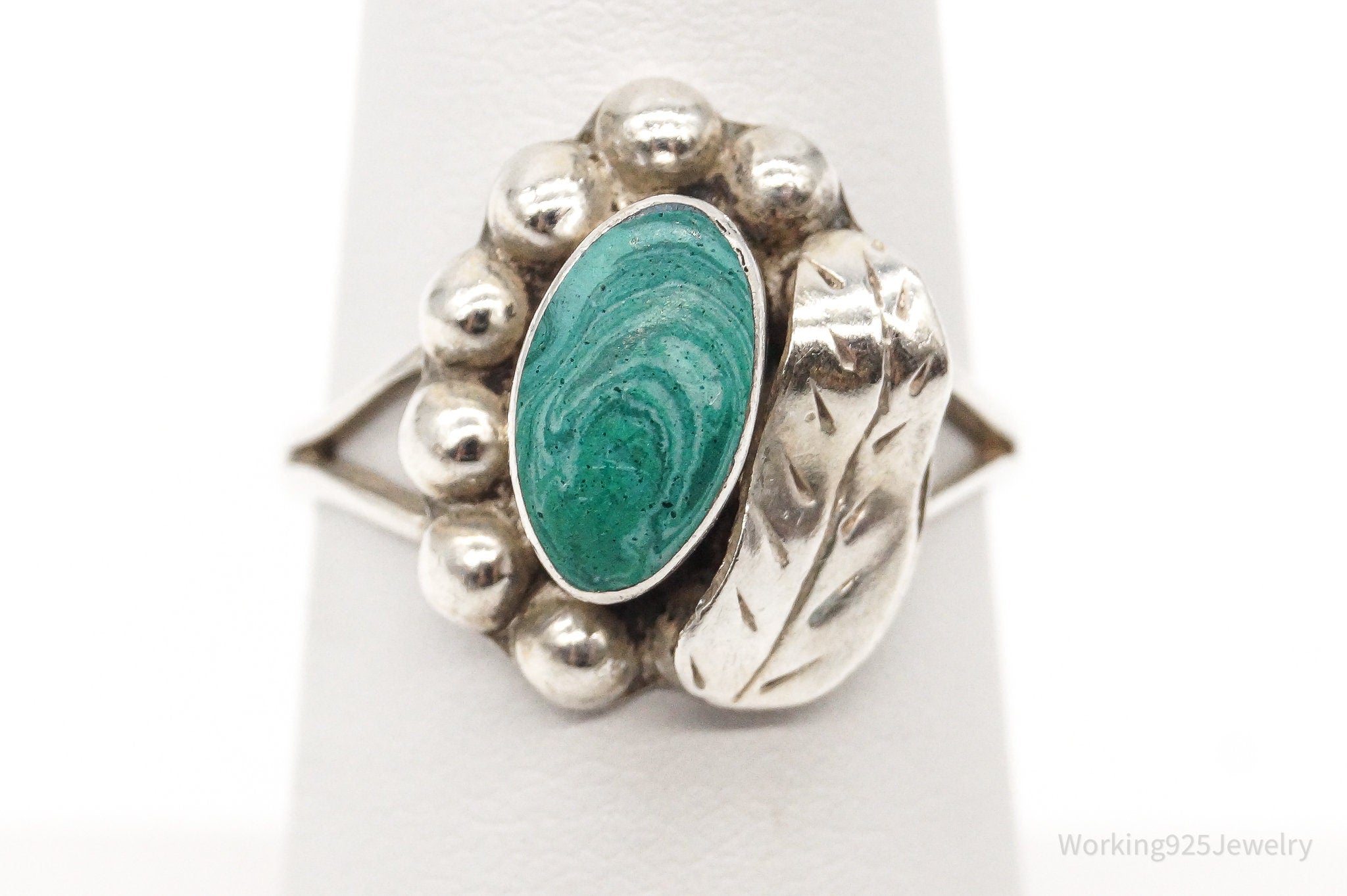 Vintage Mexico Malachite Southwestern Sterling Silver Ring - Size 6.25