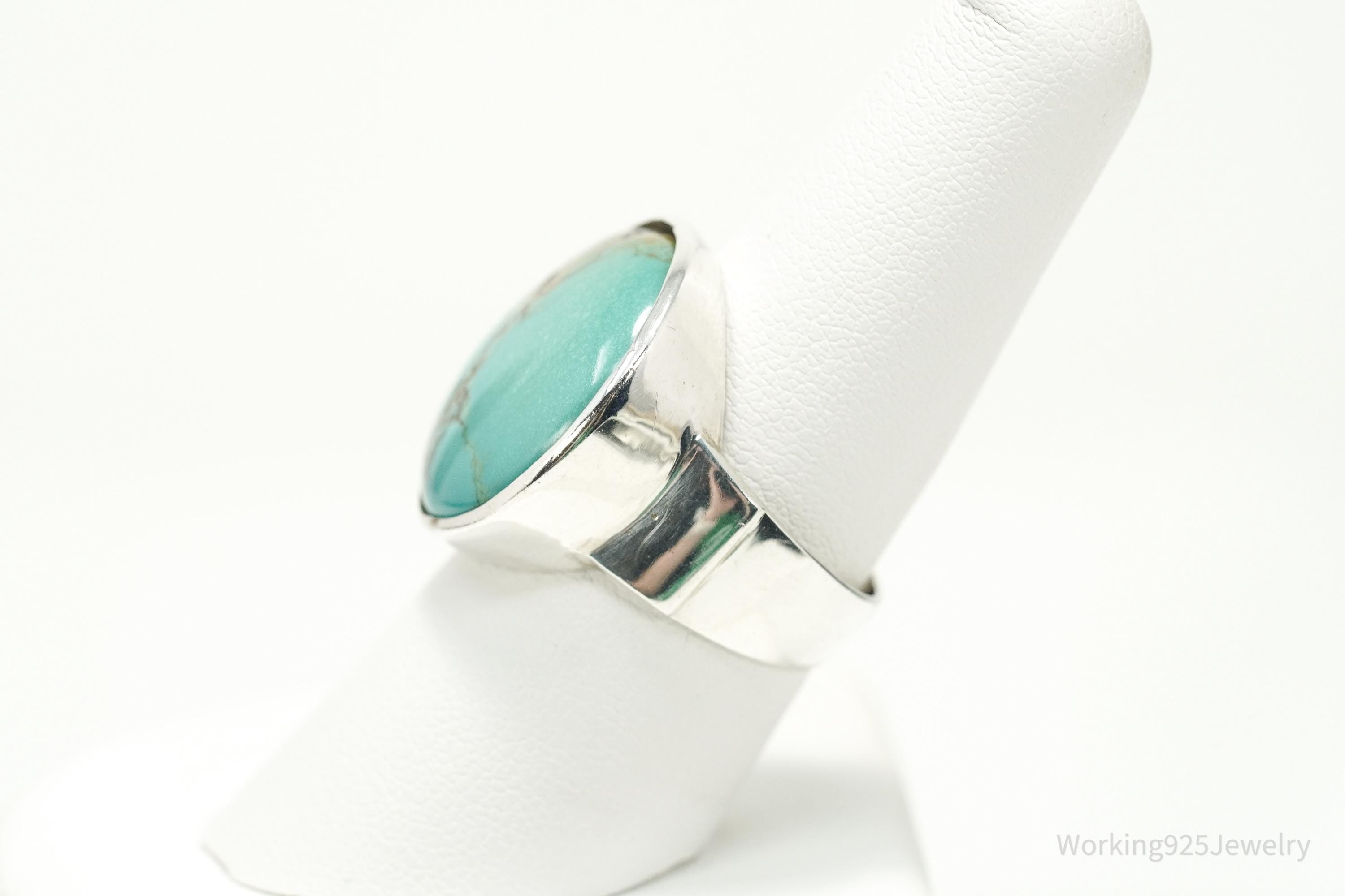 Vintage Large Round Turquoise Sterling Silver Statement Ring Size 8
