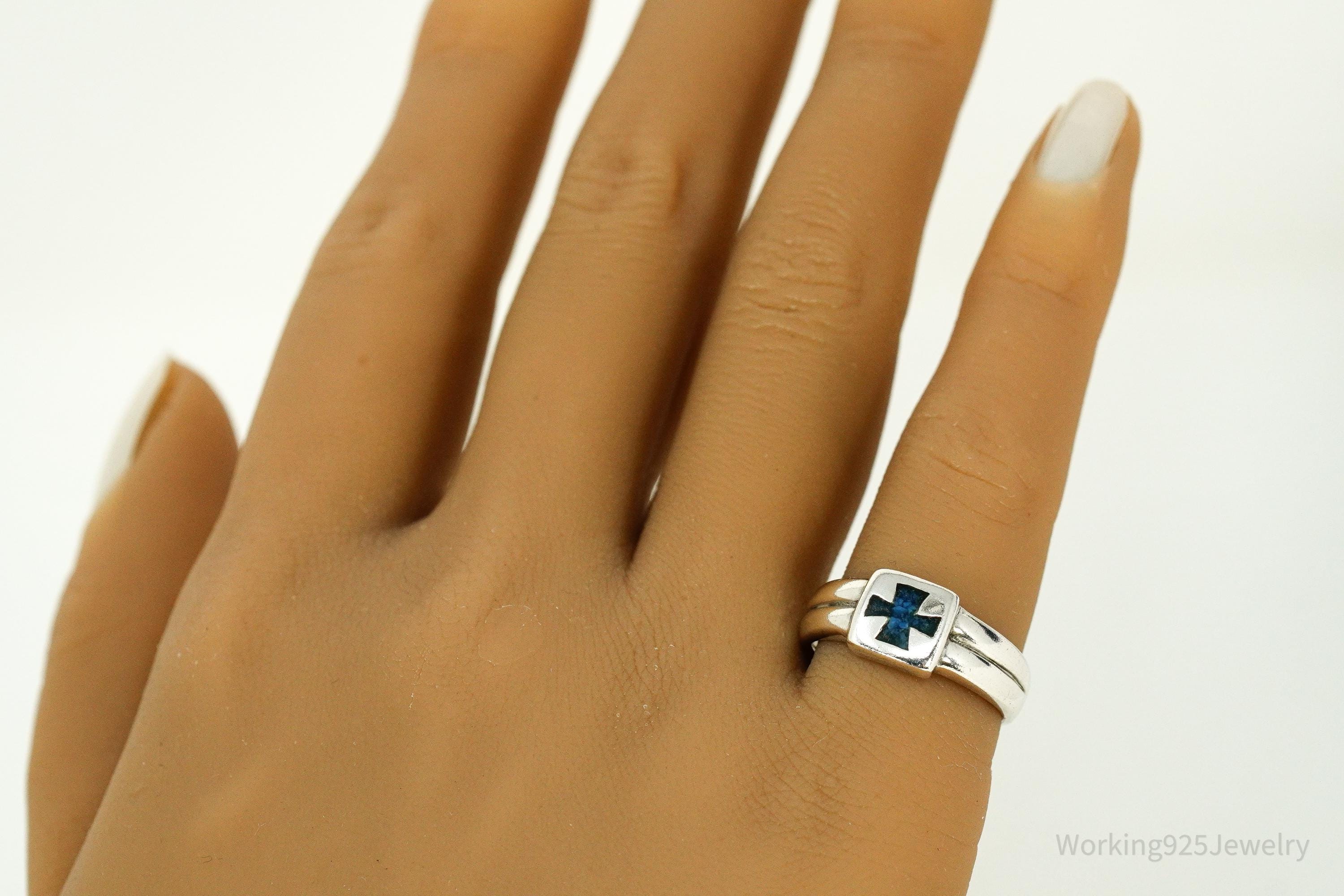 Vintage Blue Lapis Lazuli Inlay Cross Sterling Silver Ring - Size 6.75