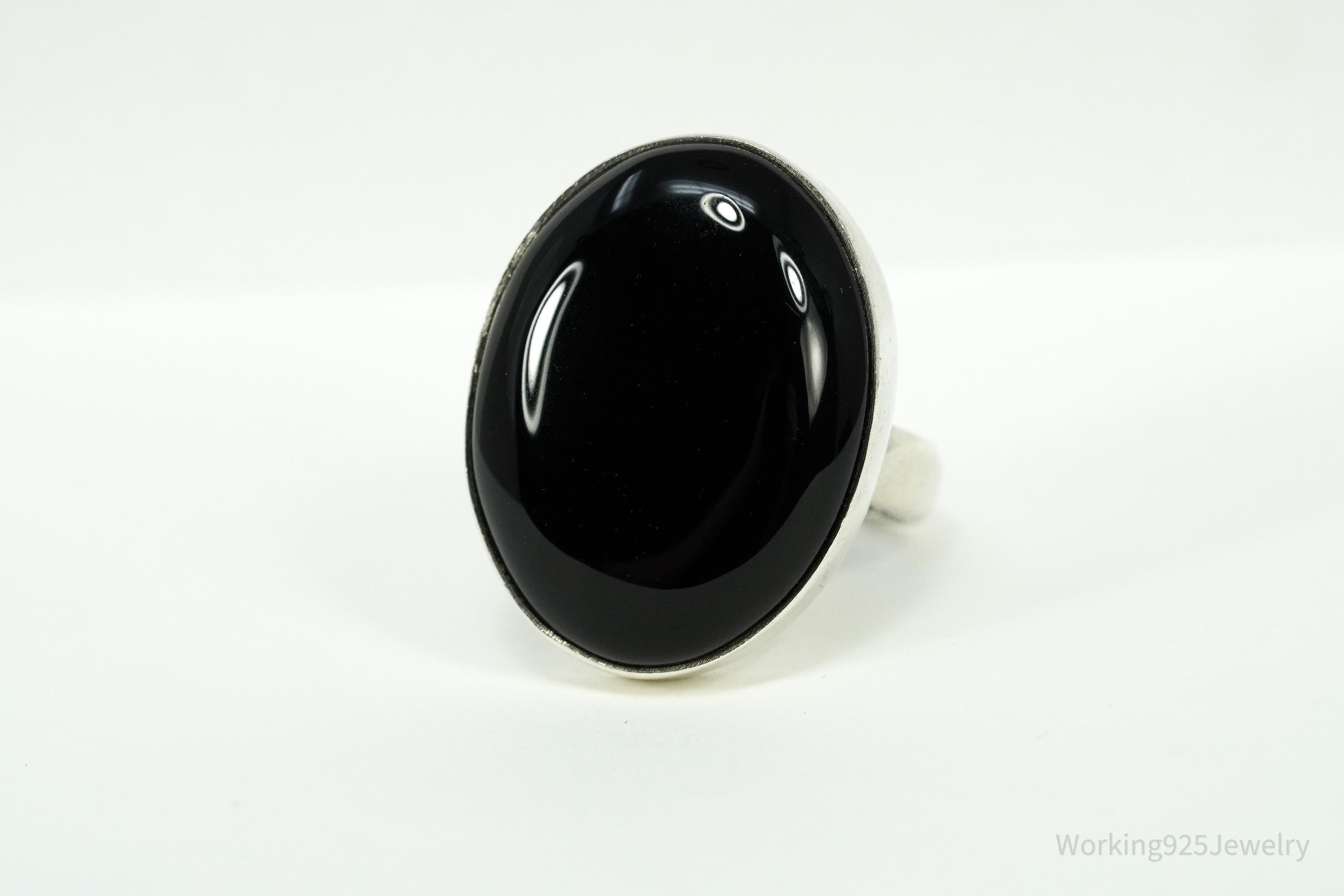 Vintage Large Black Onyx Sterling Silver Ring - Size 8.75