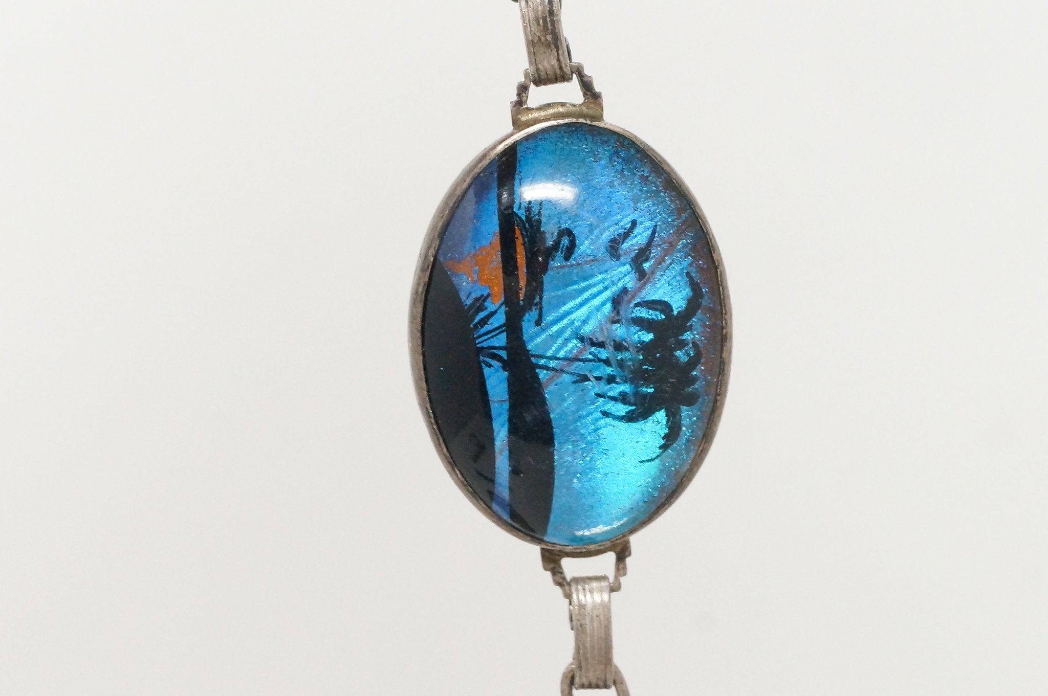 Antique Designer Hoffman Butterfly Wing Beach Scene Sterling Silver Bracelet