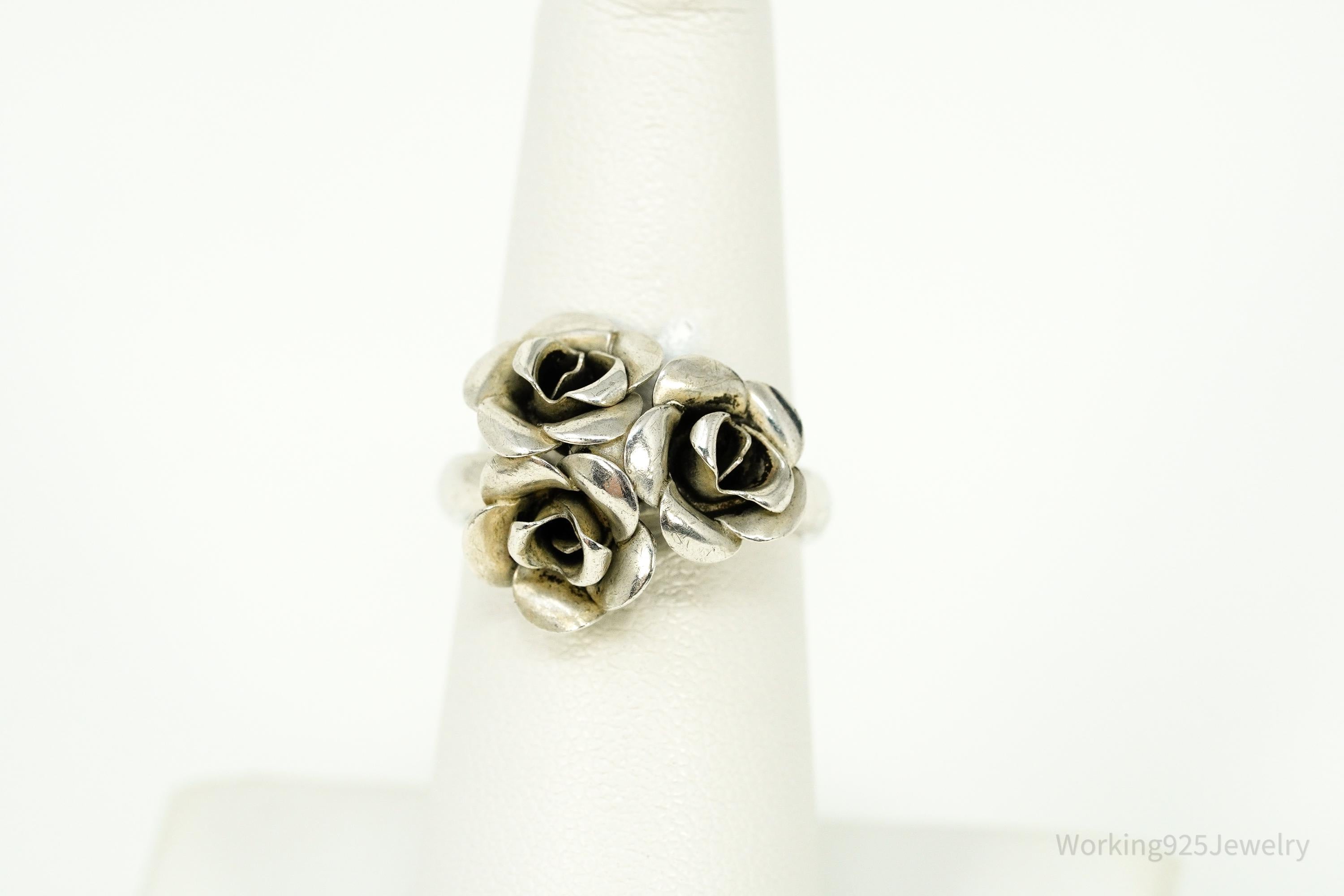 Vintage BEAU Flower Bouquet Adjustable Sterling Silver Ring - Size 6.75