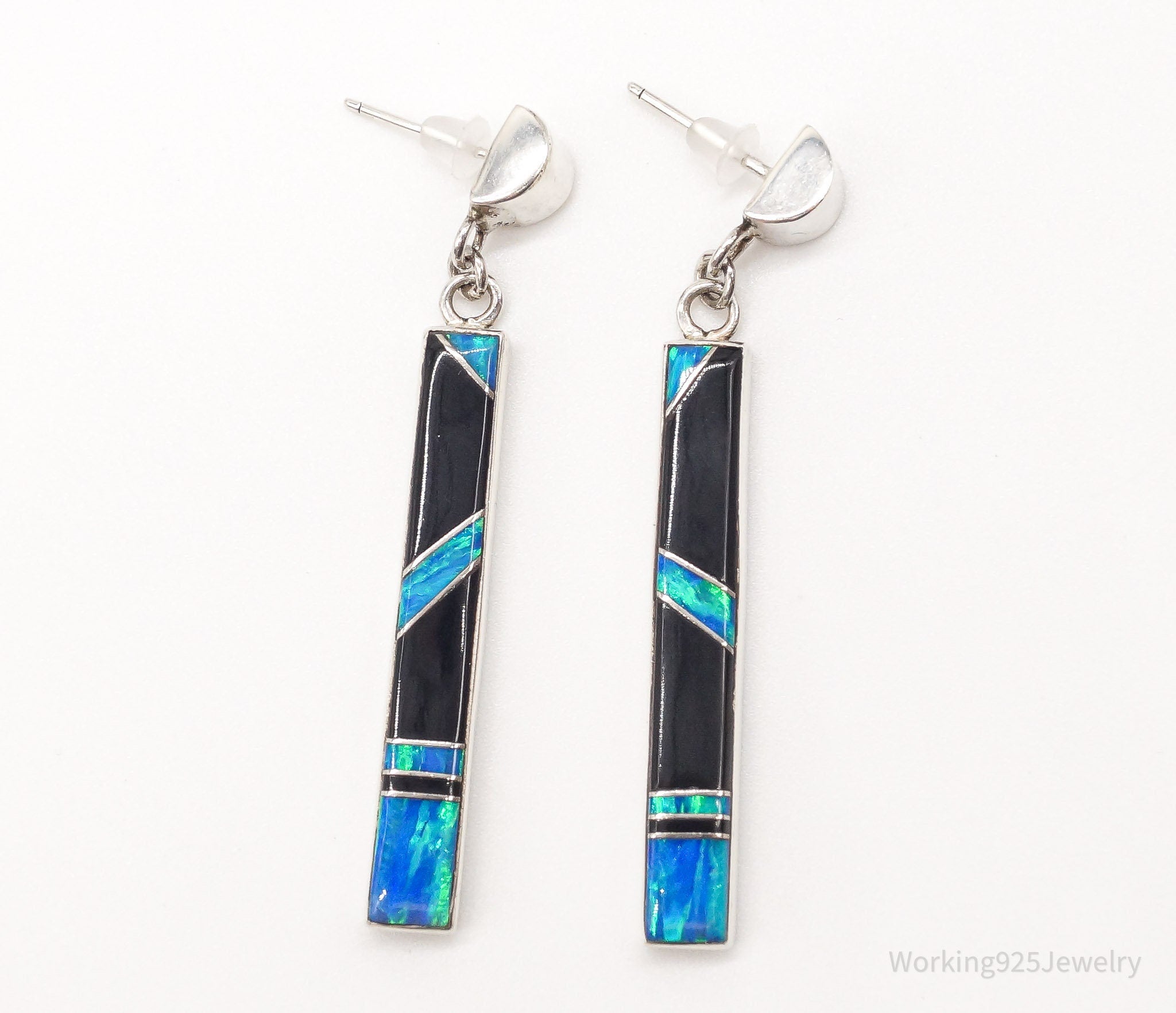 Vintage Native American AC Blue Opal Black Onyx Sterling Silver Earrings