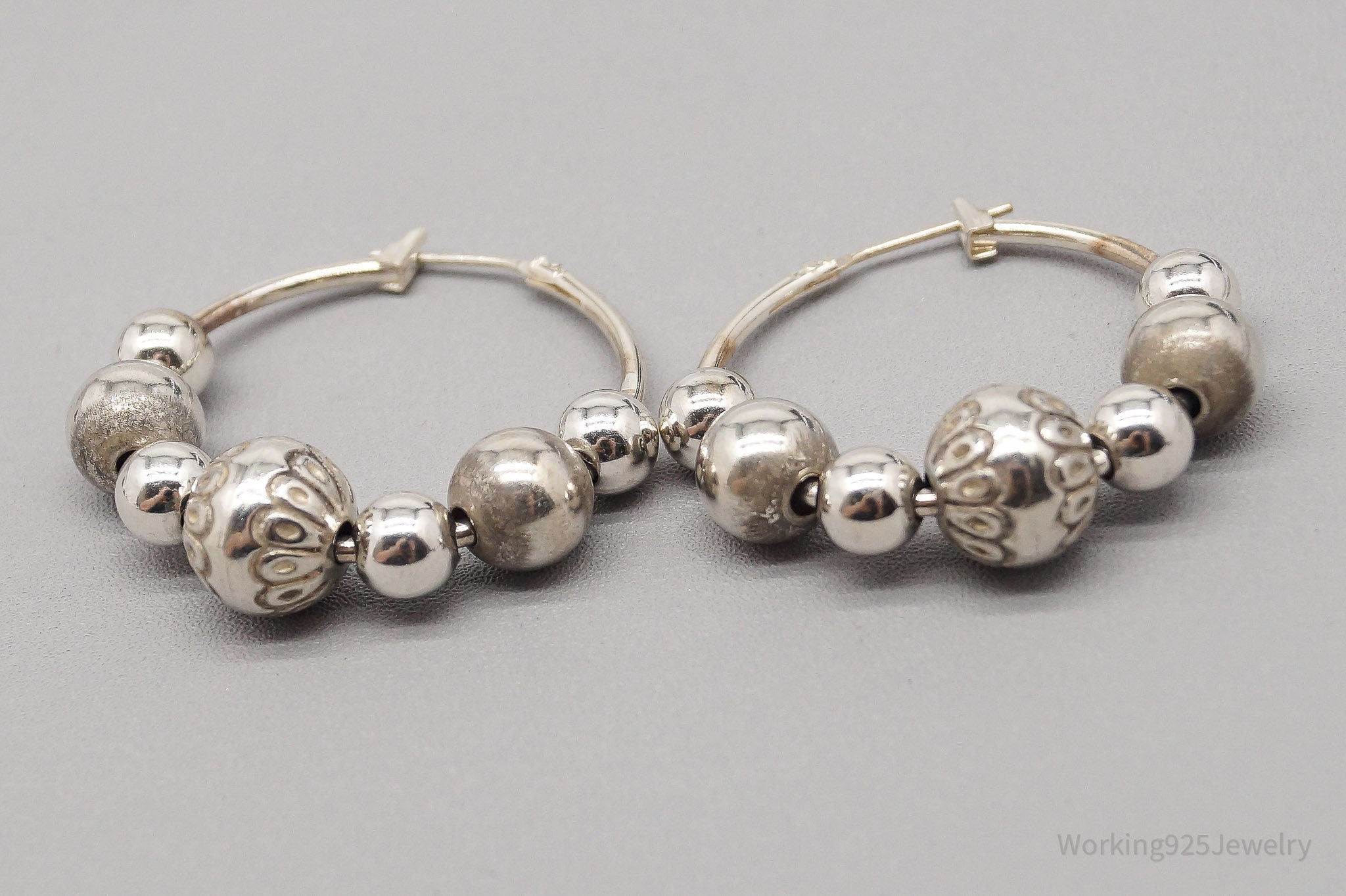 Vintage Puffy Bead Sterling Silver Hoop Earrings