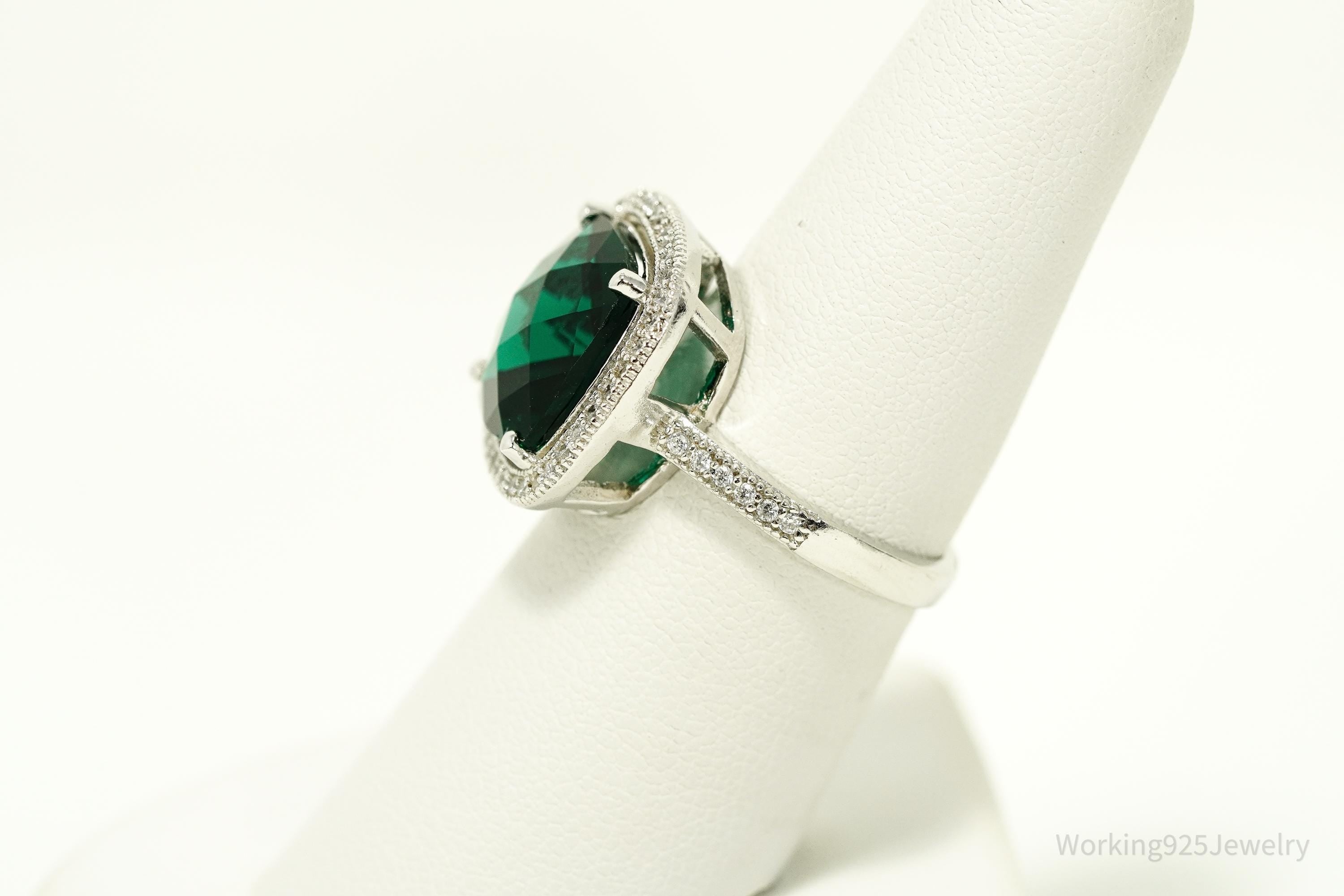 Vintage Faux Emerald & Cubic Zirconia Sterling Silver Ring - Size 7